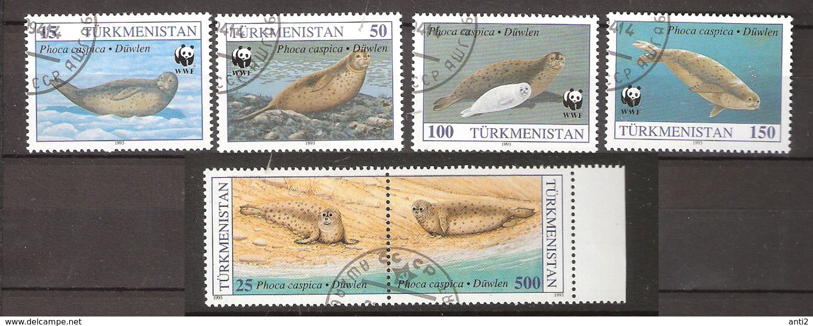 Turkmenistan 1992 Worldwide Conservation:  Caspian Seal, Mi   30-35  Cancelled(o) - Turkmenistán