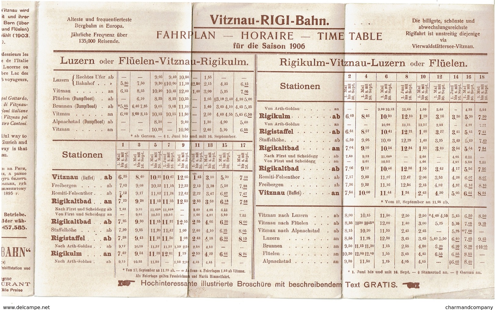 1906 Panorama-Faltblatt Rigi-Bahn, Luzern, Vitznau, Rigi, Kulm, Vierwaldstädter-See / Horaire Fahrplan Vitznau-Rigi-Bahn - Europe