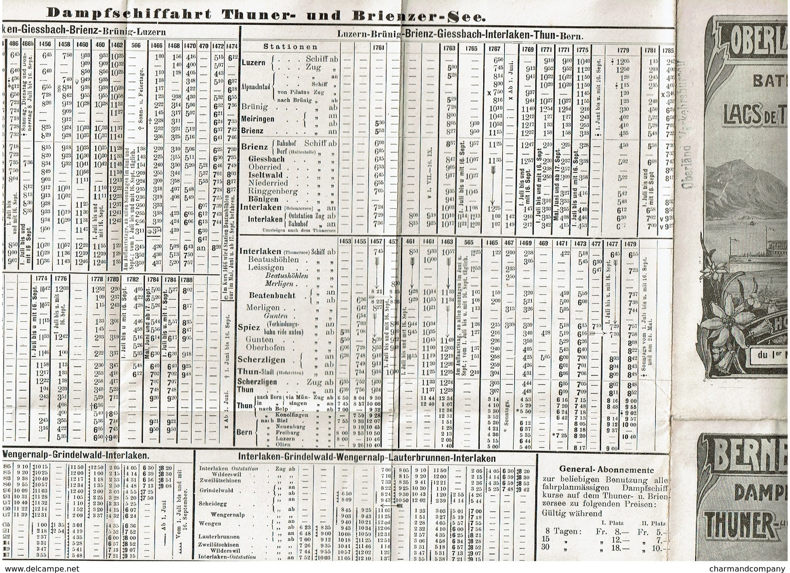 1906 Oberland Bernois Bateau à Vapeur Des Lacs De Thoune Et Brienz - Horaires / Carte - 4 Scans - Europe