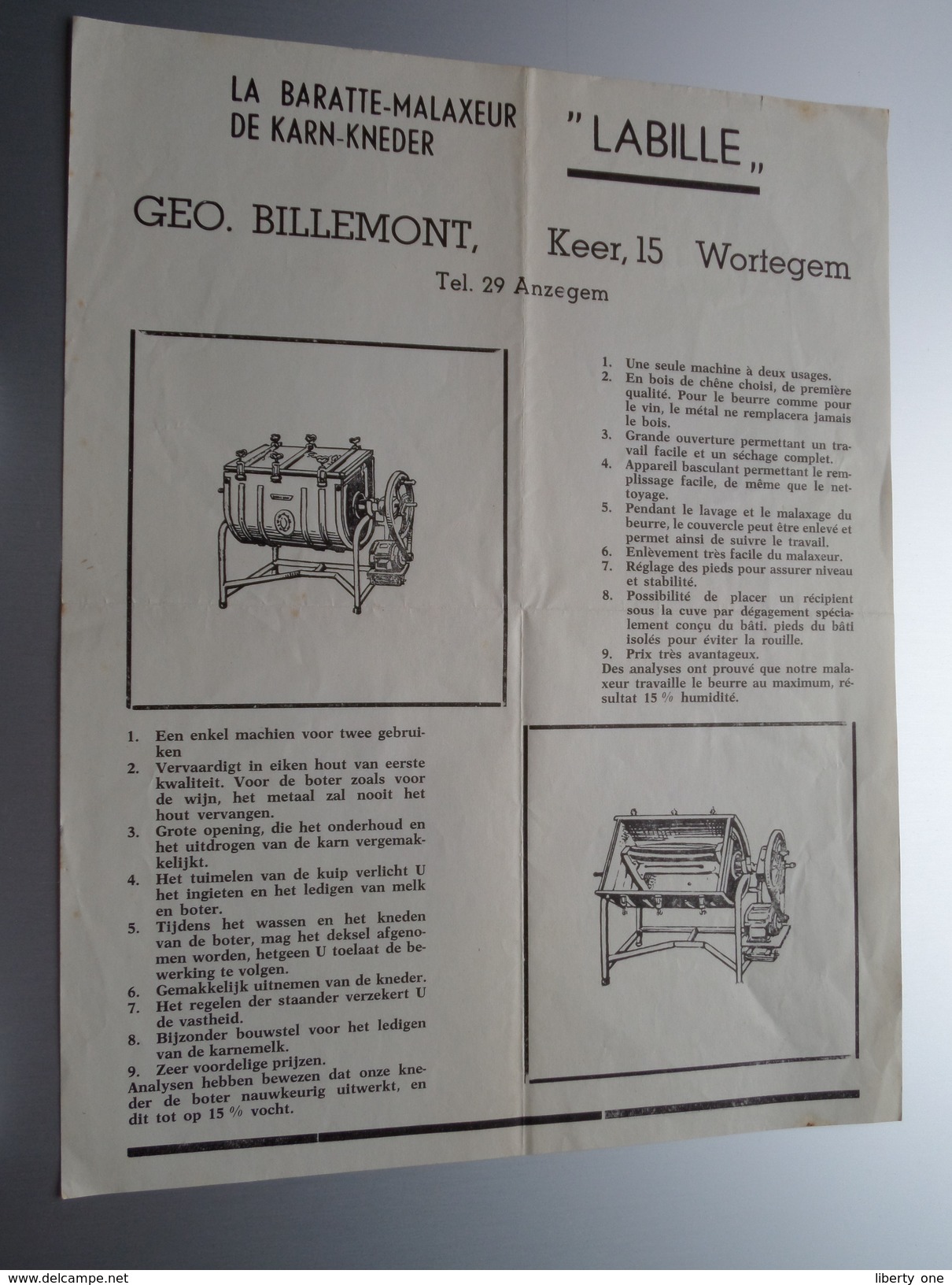 " LABILLE " Geo BILLEMONT, Keer 15 Wortegem Tel 29 Anzegem ( La Baratte-Malaxeur Karn-Kneder ) 19?? ( Zie Foto ) ! - Advertising