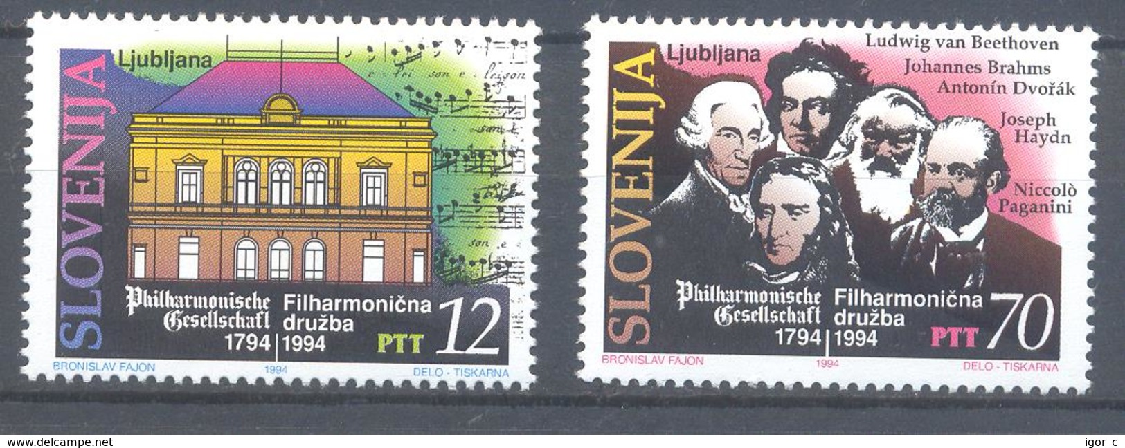 Slovenia Slowenien Slowenie 1994 Mint MNH **;  200 Years Ljubljana Philharmonic Society Beethoven Brahms Haydn Paganini - Musik