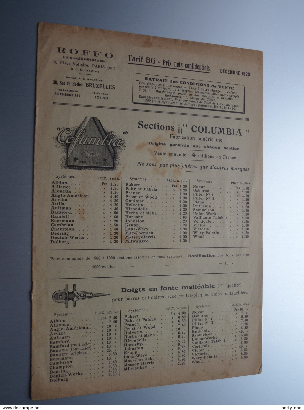 ROFFO Paris / Bruxelles " Sections " COLUMBIA " Liste Tarif BG Dec. 1929 ( Zie Foto ) ! - Werbung