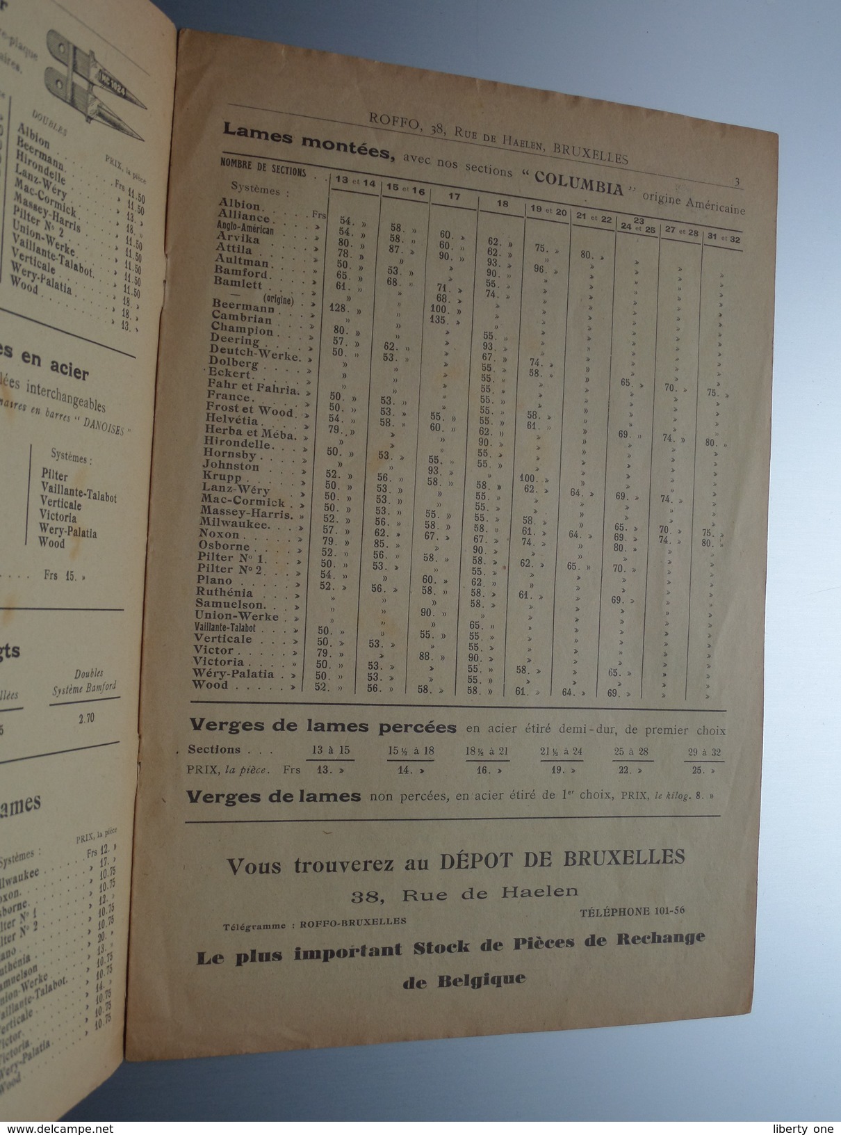 ROFFO Paris / Bruxelles " Sections " COLUMBIA " Liste Tarif BG Dec. 1929 ( Zie Foto ) ! - Werbung