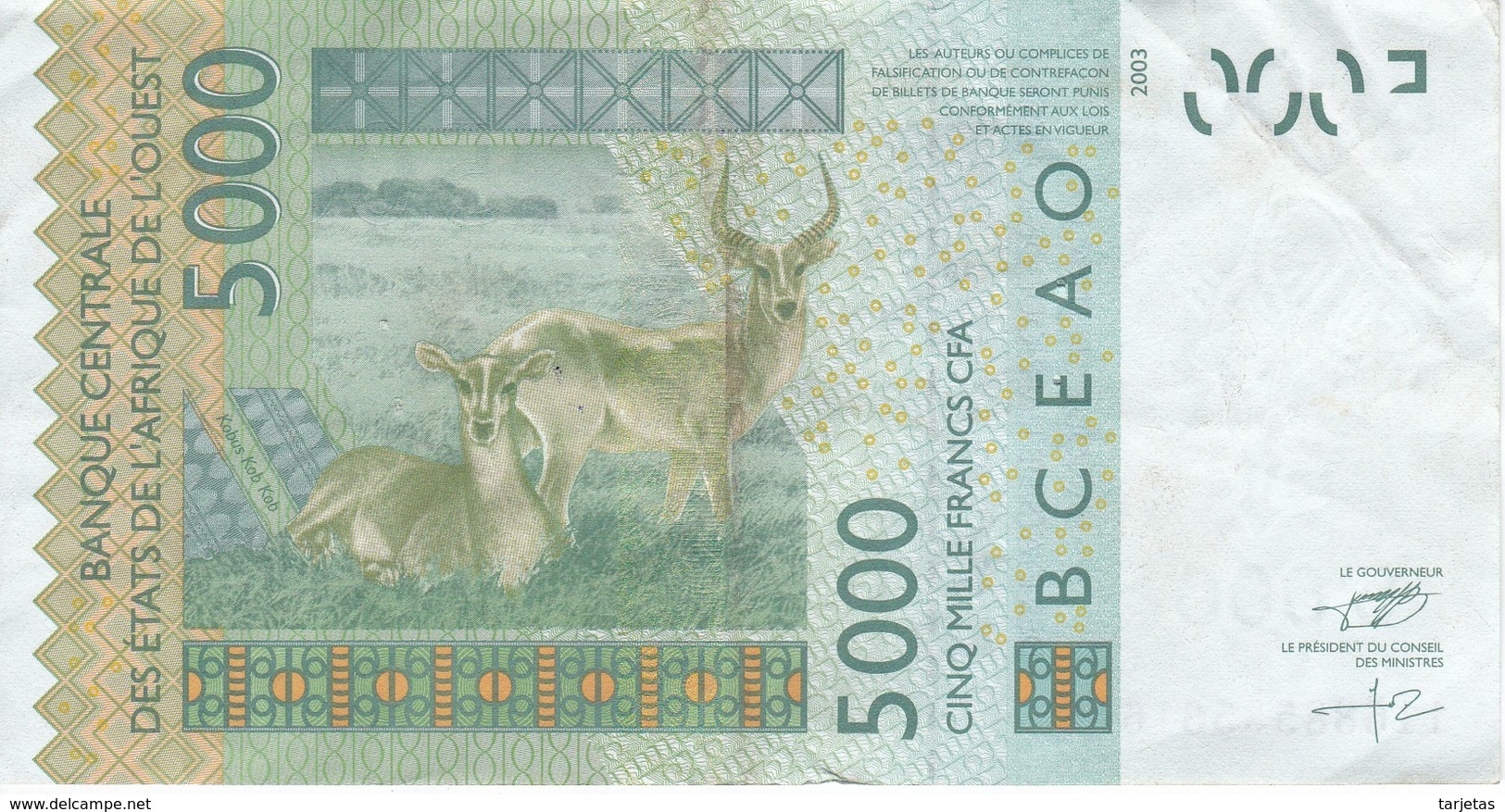 BILLETE DE SENEGAL DE 5000 FRANCS DEL AÑO 2003 CALIDAD EBC (XF) (CIERVO-DEER) (BANK NOTE) - Sénégal