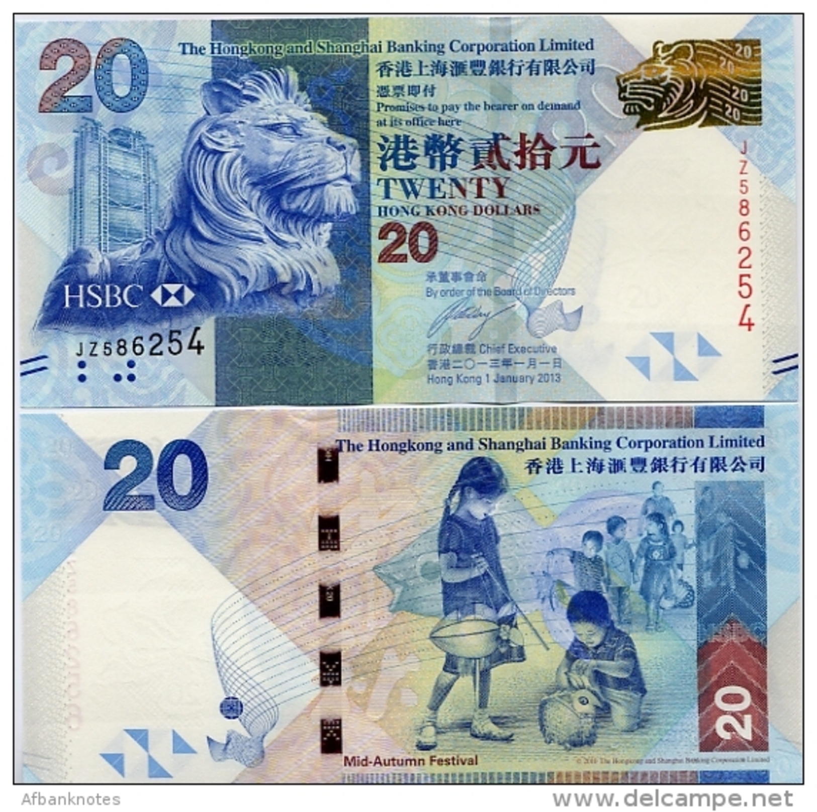 HONG KONG - HSBC   20 Dollars    P-212c       1.1.2013       UNC - Hong Kong