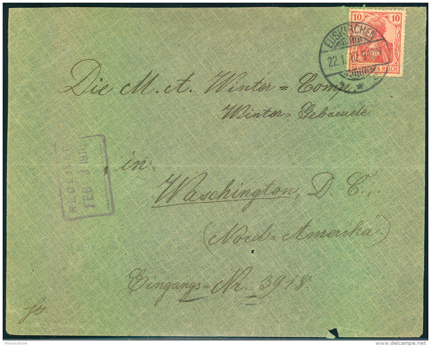 1910, 10 Pfg. Germania Auf Brief Zum Sondertarif ""Amerika Direkt"" Ab EUSKIRCHEN Nach USA. Umschlag Waag. Mittelbug Und - Other & Unclassified