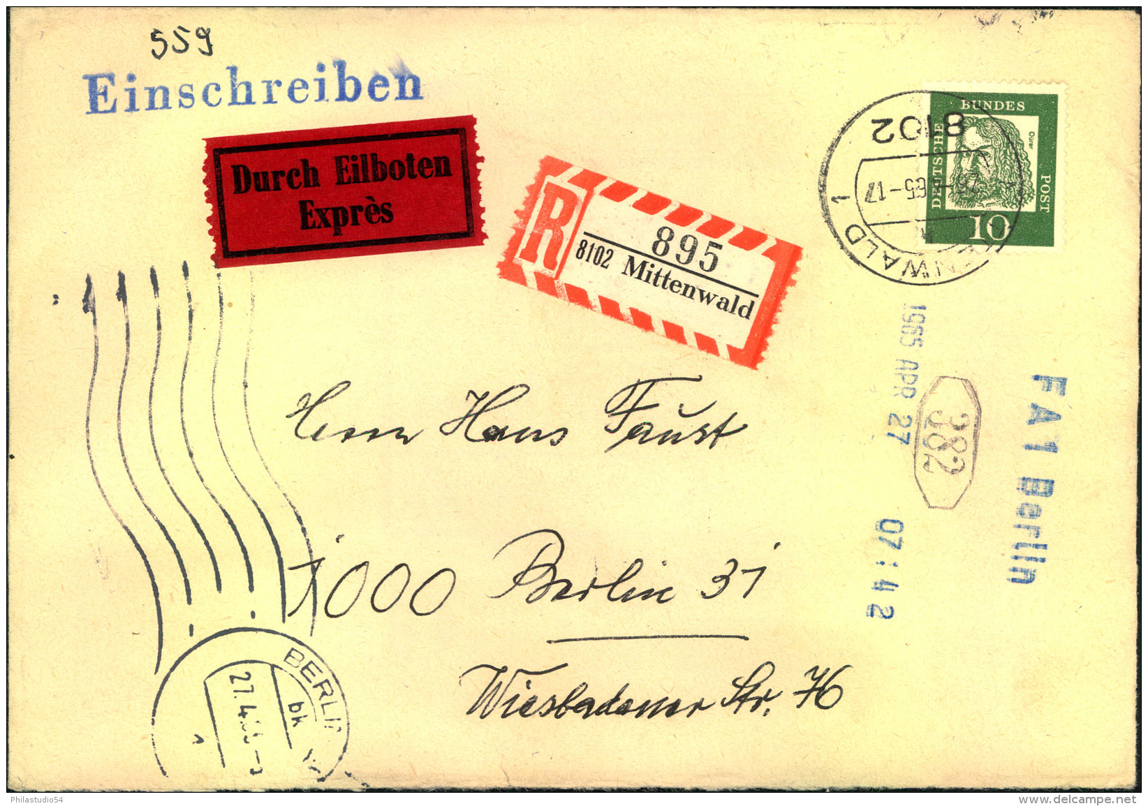 1965, Block 3 Rückseitig Auf Einschreiben-Expressbrief Ab MITTENWALD. In Berlin Mmit Rohrpost Befördert. - Sonstige & Ohne Zuordnung