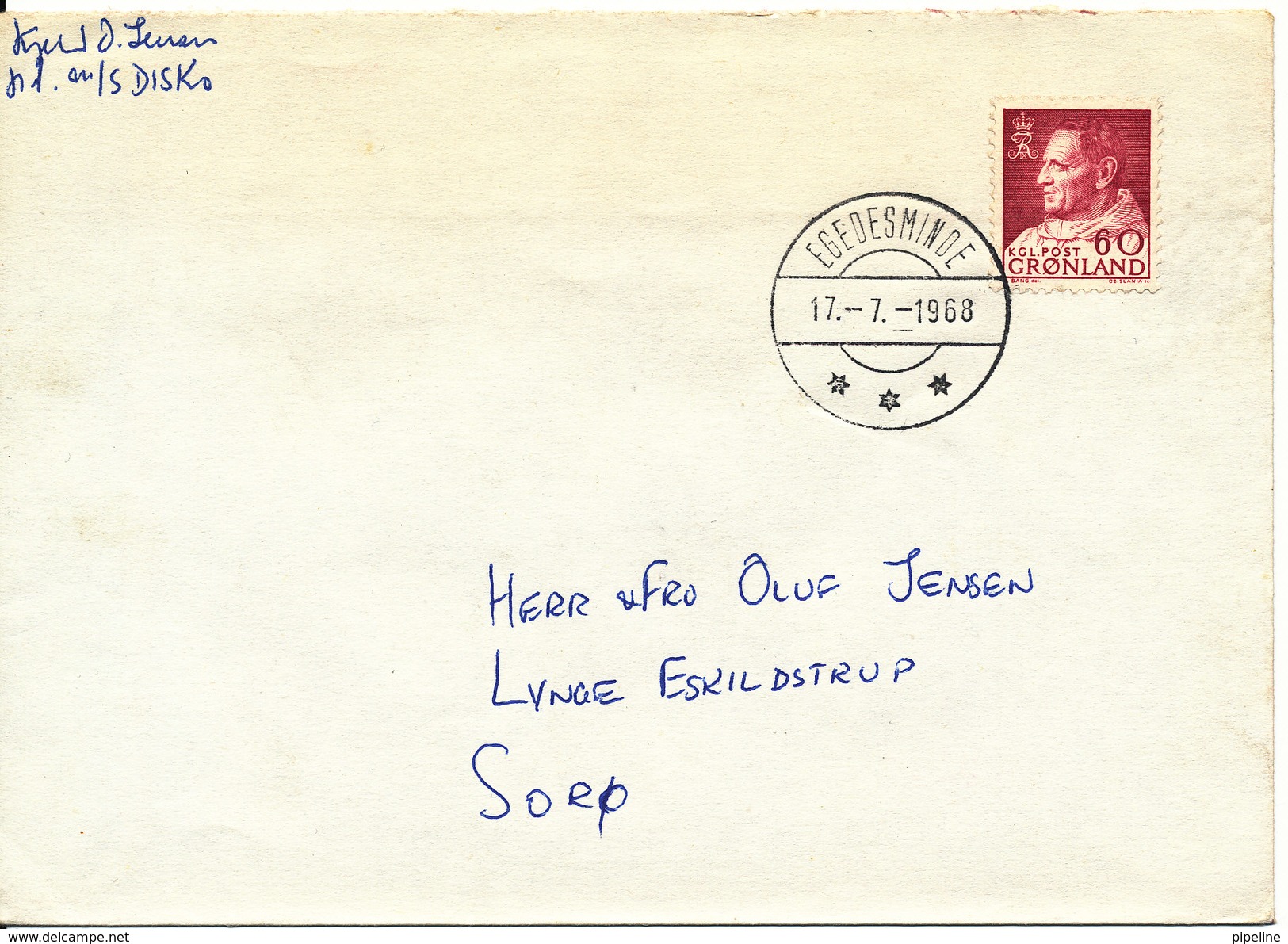 Greenland Cover Sent To Denmark Egedesminde 17-7-1968 Single Franked - Lettres & Documents