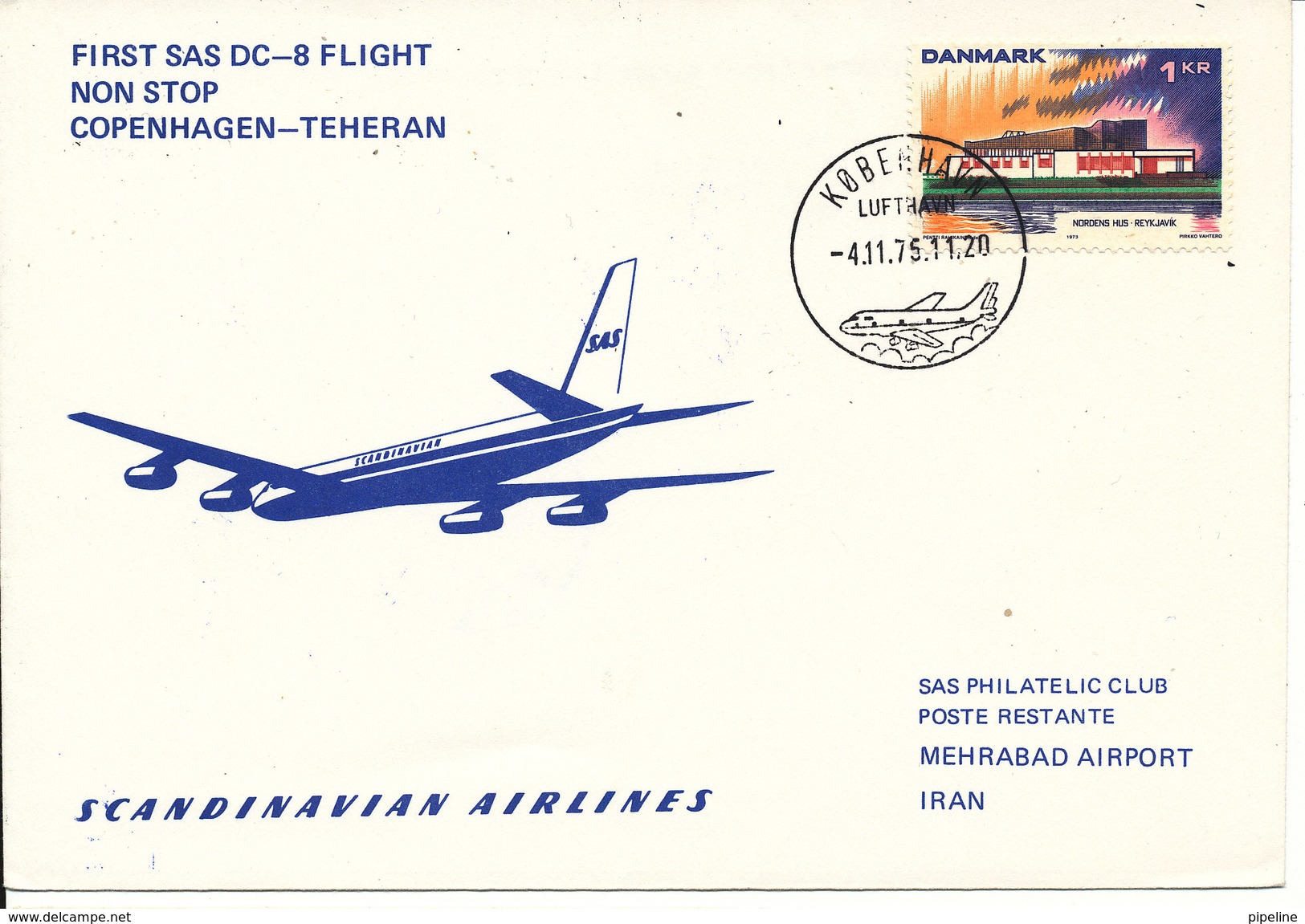 Denmark SAS First DC-8 Flight Non Stop Copenhagen - Teheran 4-11-1975 - Covers & Documents