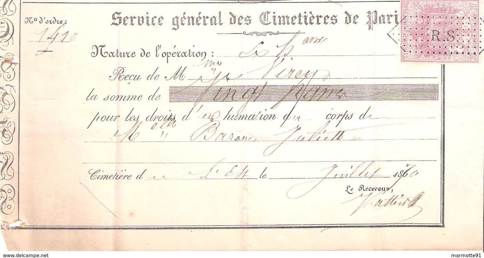 SERVICE GENERAL CIMETIERES DE PARIS 1870 TIMBRE FISCAL IMPERIAL 20C - 1800 – 1899