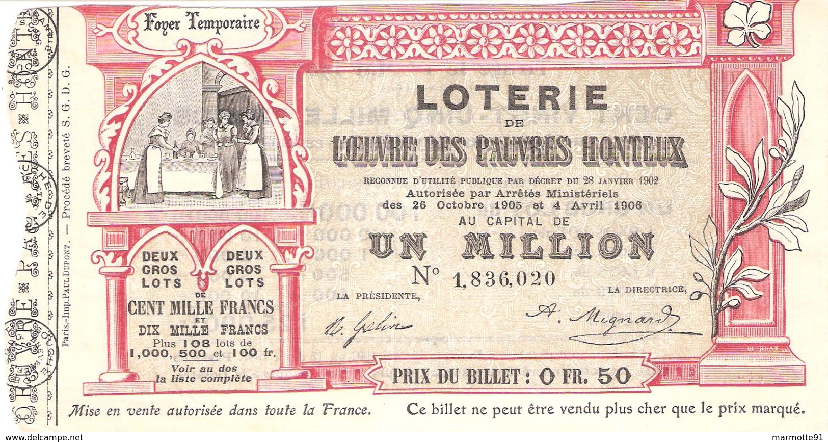 BILLET LOTERIE OEUVRE DES PAUVRES HONTEUX 1907 - Billets De Loterie