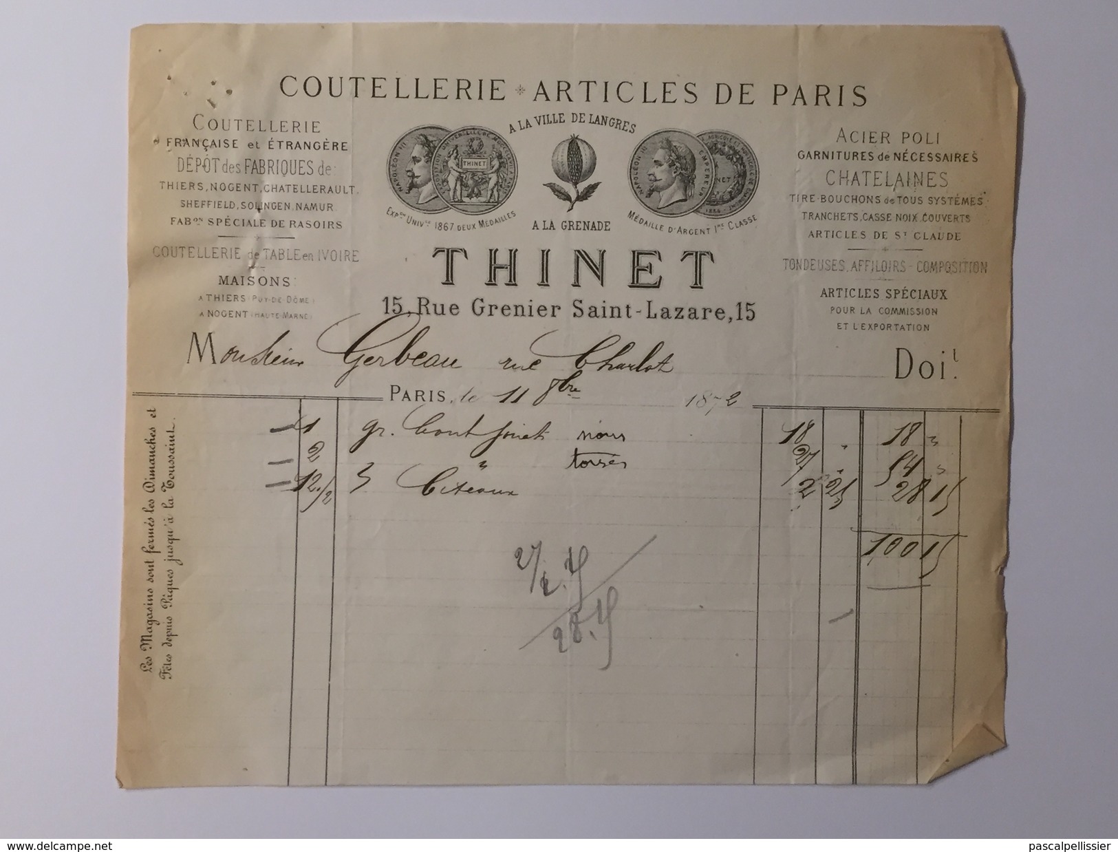 THINET ( Coutellerie - Articles De Paris ) LANGRES - Facture à Mr Sosthène GERBEAU Le 11 Septembre 1872 - 1800 – 1899