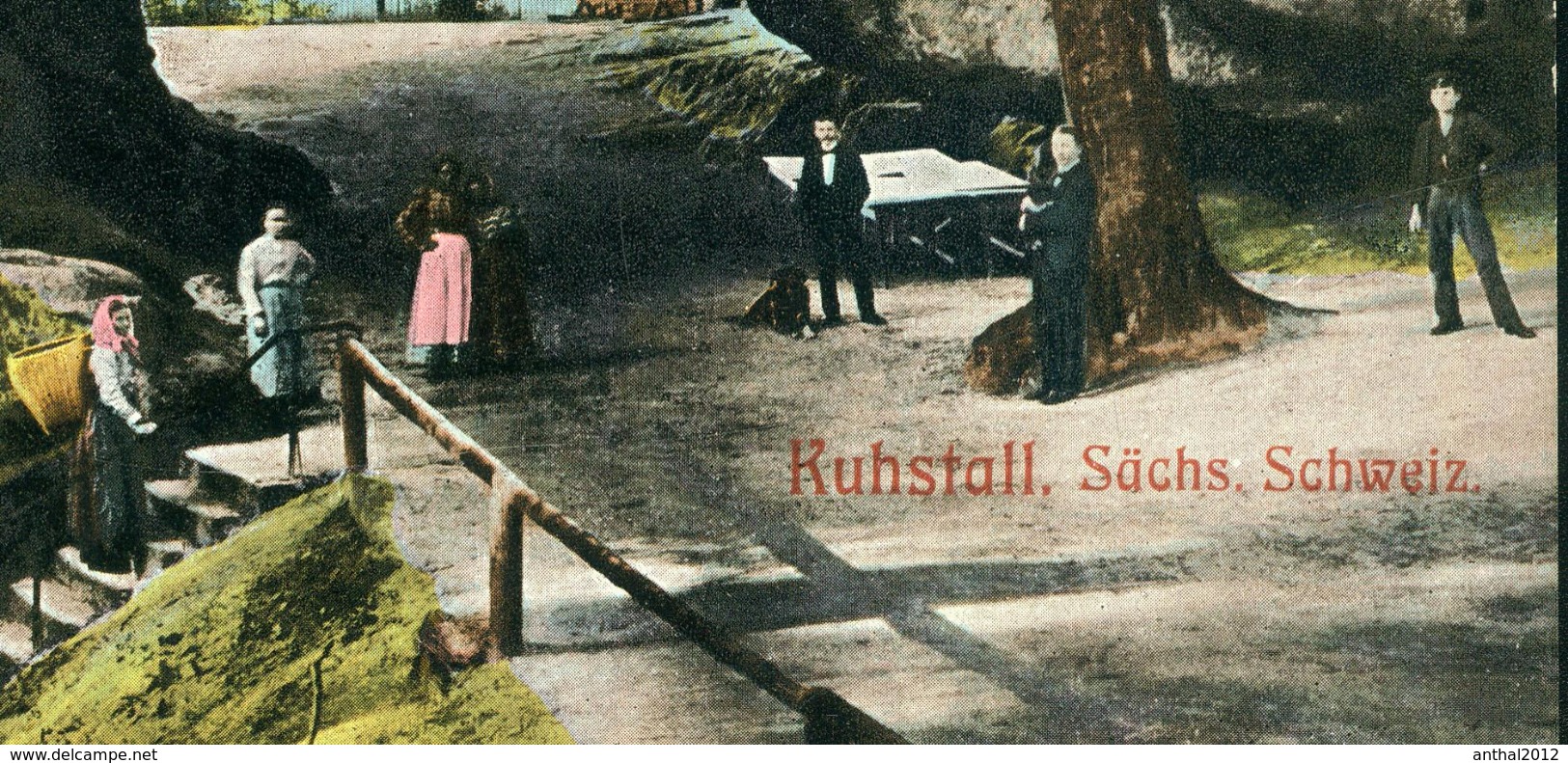 Rarität Litho AK Sächsische Schweiz Kuhstall Mit Leuten Kirnitzschtal Lichtenhain Bad Schandau 6.5.1908 - Kirnitzschtal