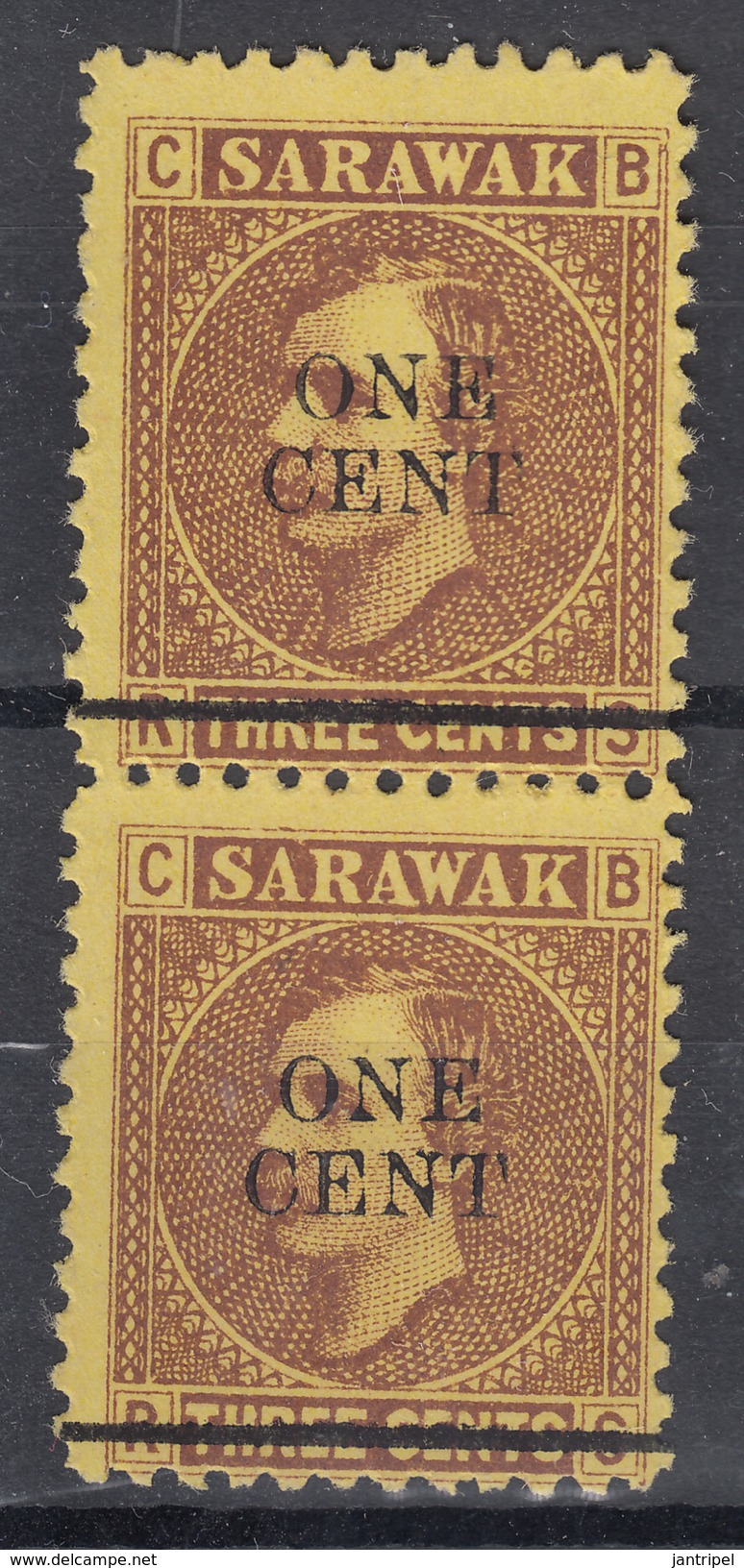 SARAWAK  1892  ONE Cent  On 3 C  MH VERTICAL PAIR. NO GUM. - Sarawak (...-1963)