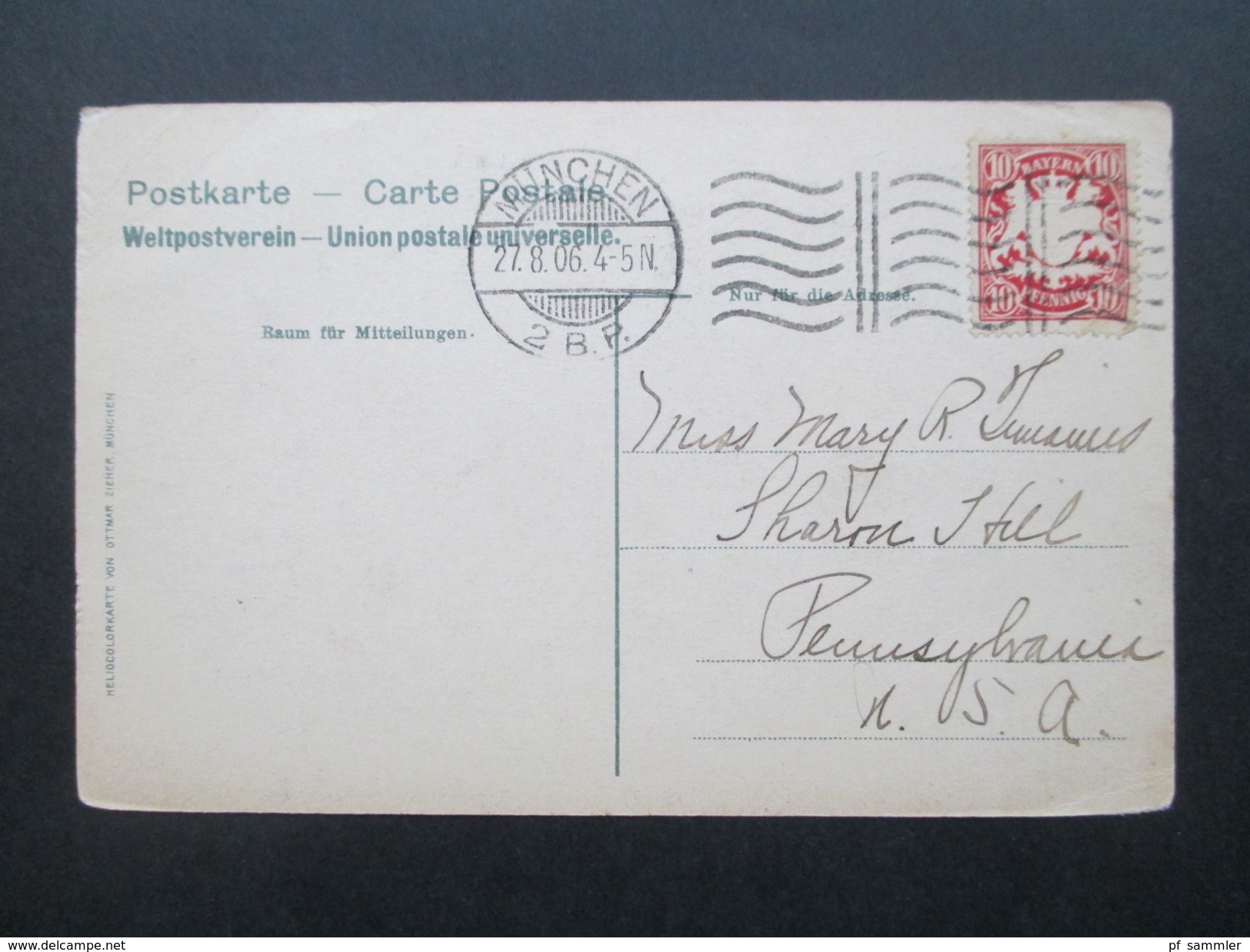 AK Bayern 1906 München Nach Pennsylvania USA. Bahnpoststempel München 2 B.P. - Regensburg