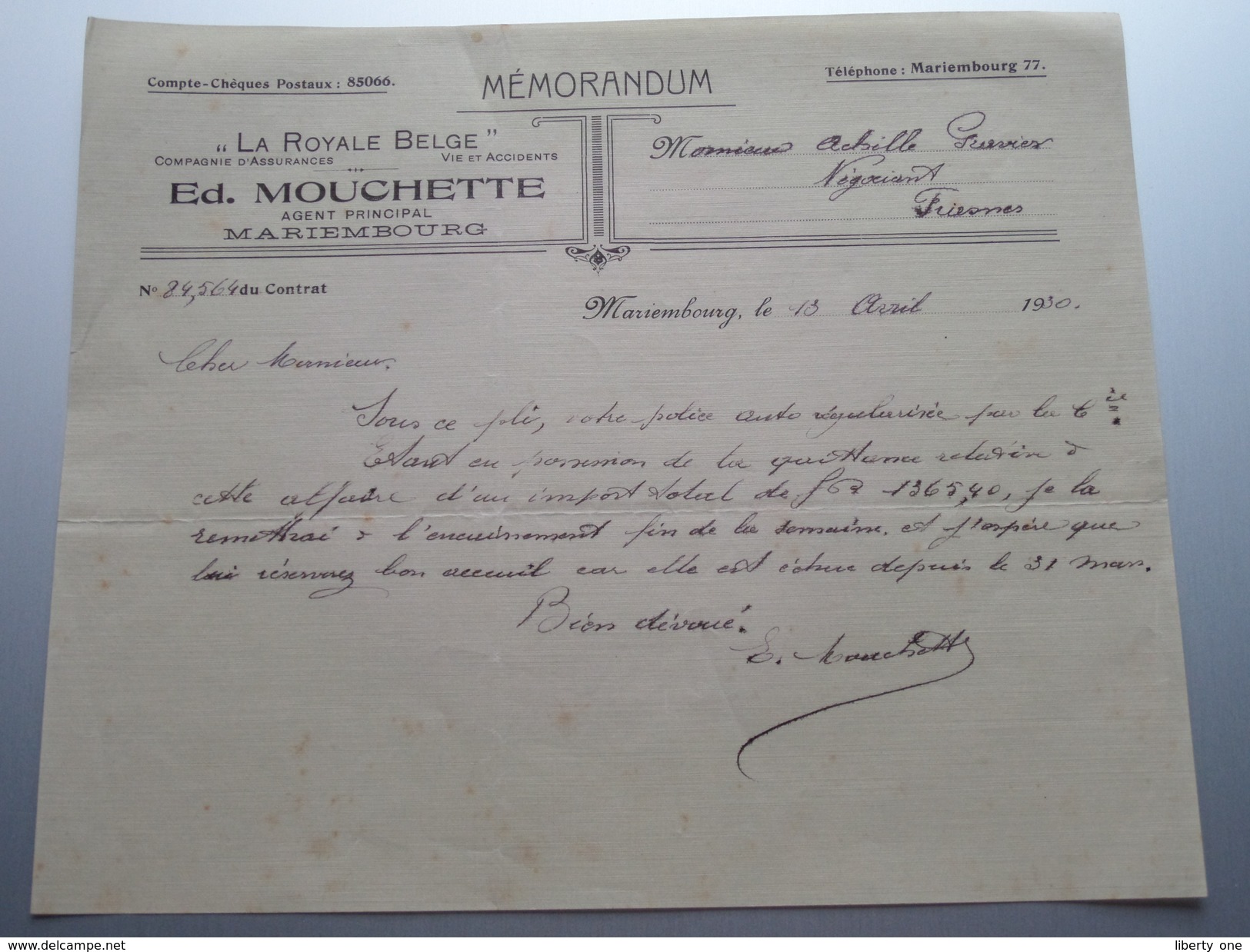 Ed. MOUCHETTE Agent Mariembourg " La Royale Belge " ( Mémorandum ) > Gravier Frasnes 1930 ! - Autres & Non Classés