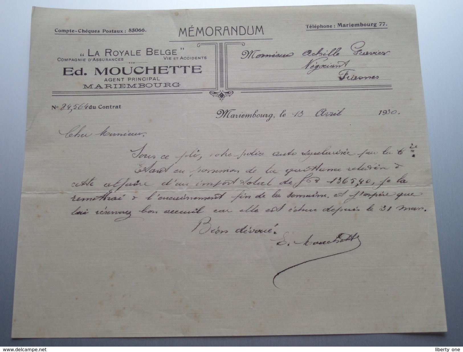 Ed. MOUCHETTE Agent Mariembourg " La Royale Belge " ( Mémorandum ) > Gravier Frasnes 1930 ! - Sonstige & Ohne Zuordnung