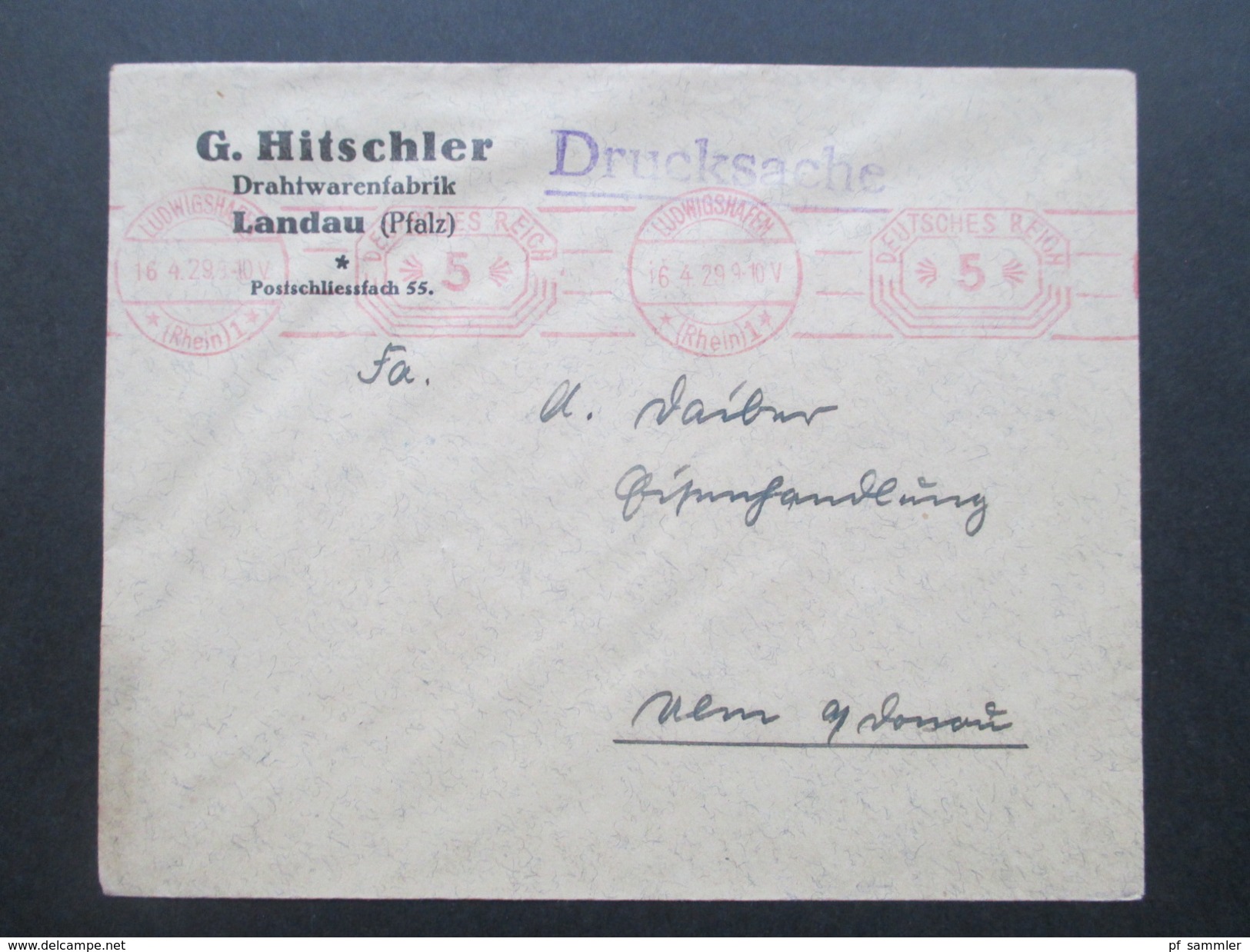 Deutsches Reich 1929 Violetter / Rosa Freistempel Ludwigshafen (Rhein) 1. G. Hitschler Drahtwarenfabrik Landau (Pfalz) - Briefe U. Dokumente