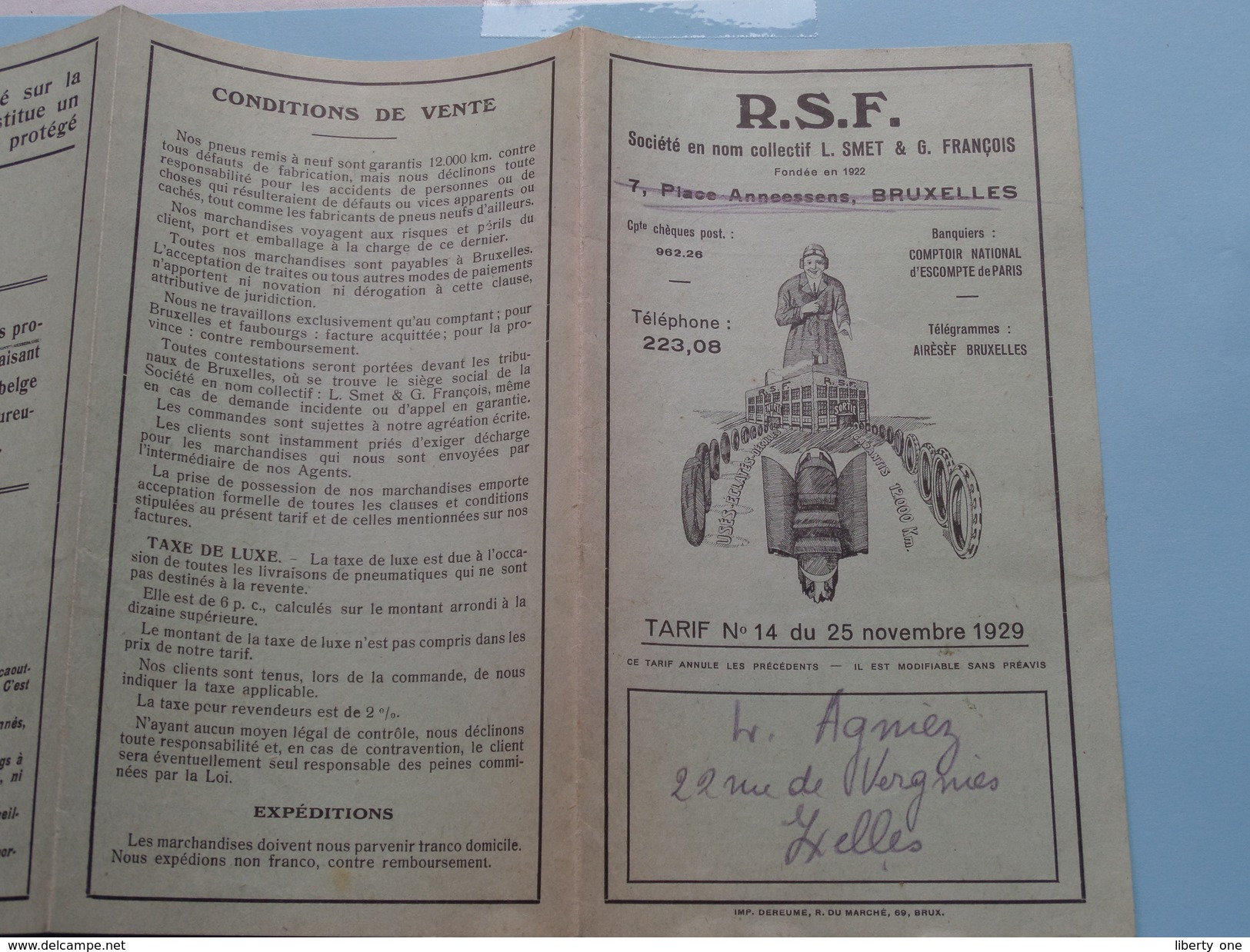 R.S.F. ( L. Smet & G. François / Collectif ) Bruxelles - Tarif N° 14 Du 25 Nov. 1929 ! - Werbung