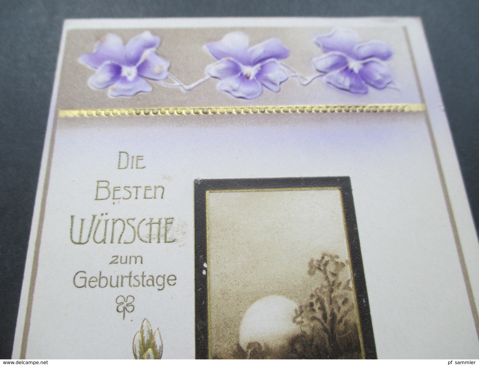 AK Prägekarte 1905 Germania Frankatur. Geburtstag / Glückwünsche. Gold / Lila. Kornblumen / Sonnenaufgang - Anniversaire