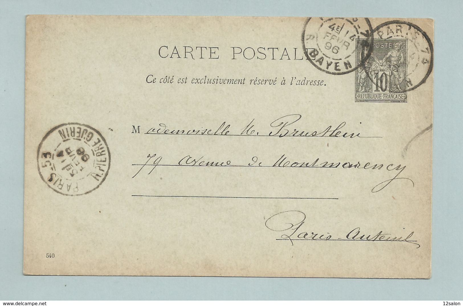 ENTIER Carte Postale 10 Ct  SAGE  1896 - Cartoline Postali E Su Commissione Privata TSC (ante 1995)