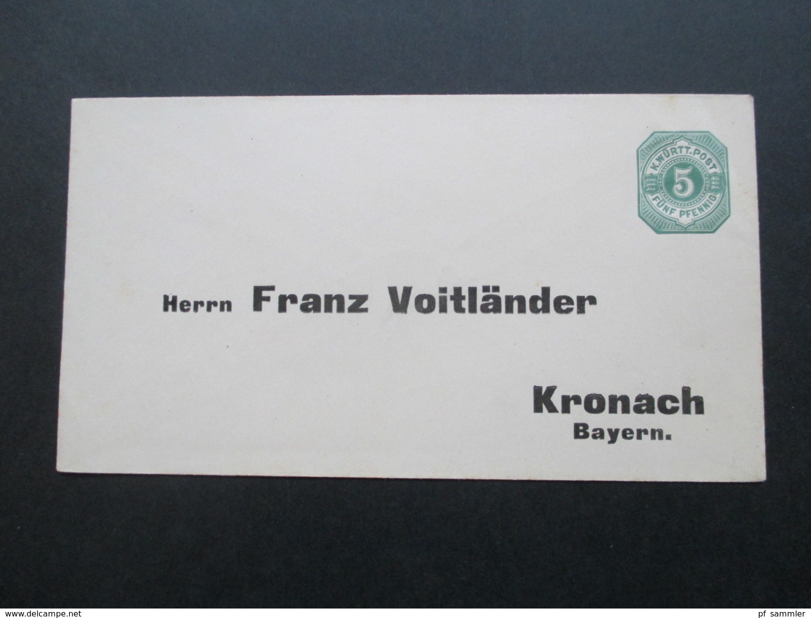 AD Württemberg Ganzsachenumschlag / Privatganzsache / Privatumschlag. An: Franz Voitländer Kronach Bayern - Entiers Postaux