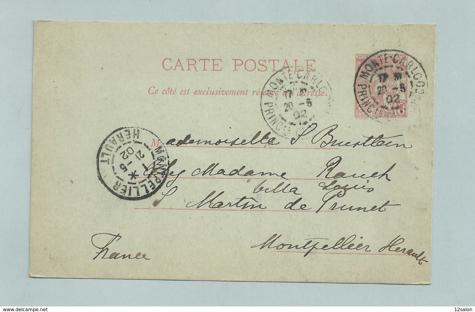 CARTE POSTALE ENTIER MONACO Obl MONTE CARLOS 1902 - Entiers Postaux