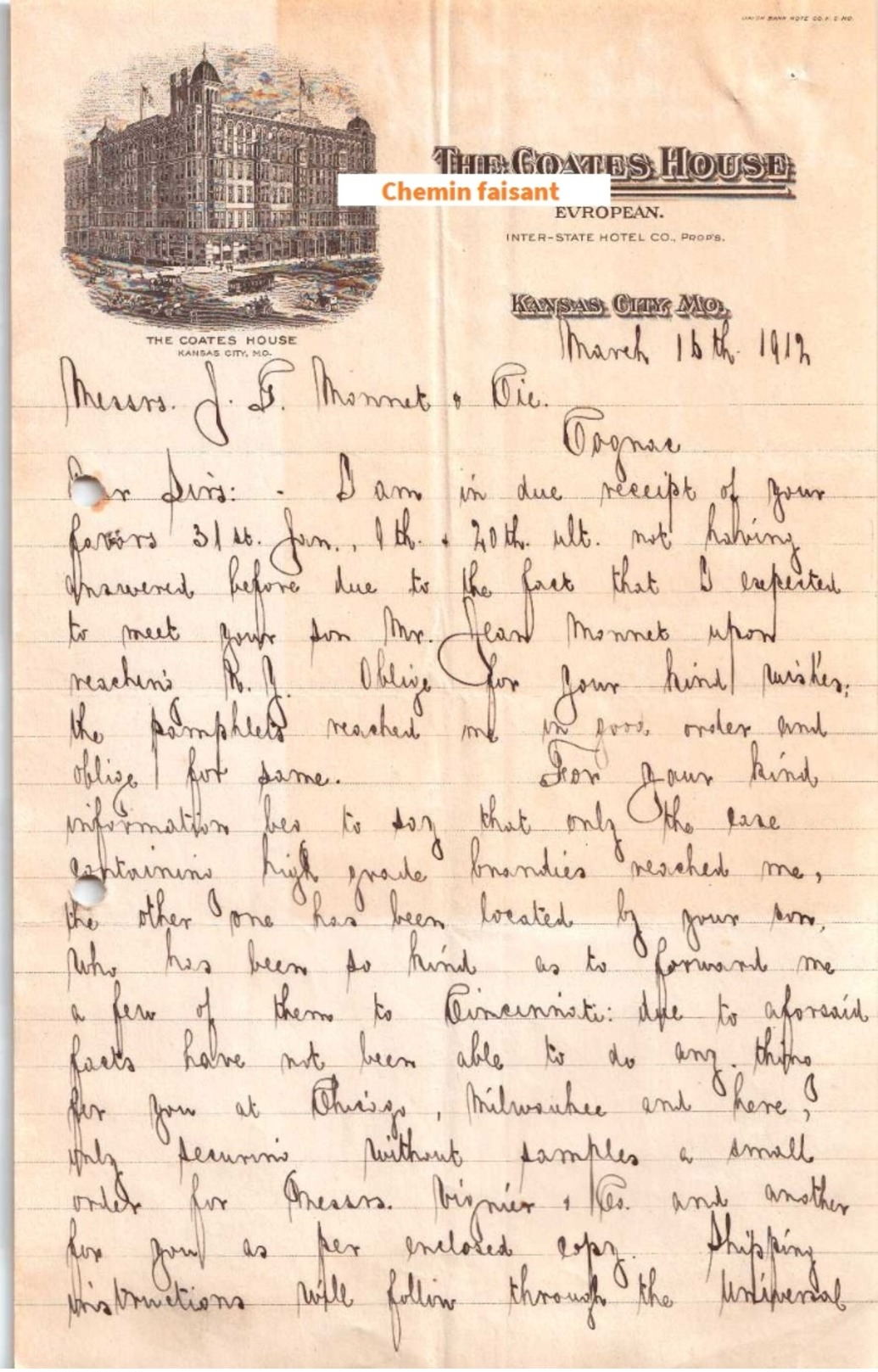 Document Du 14/03/1912 THE COATES HOUSE Kansas-City - USA Etats-Unis - Etats-Unis