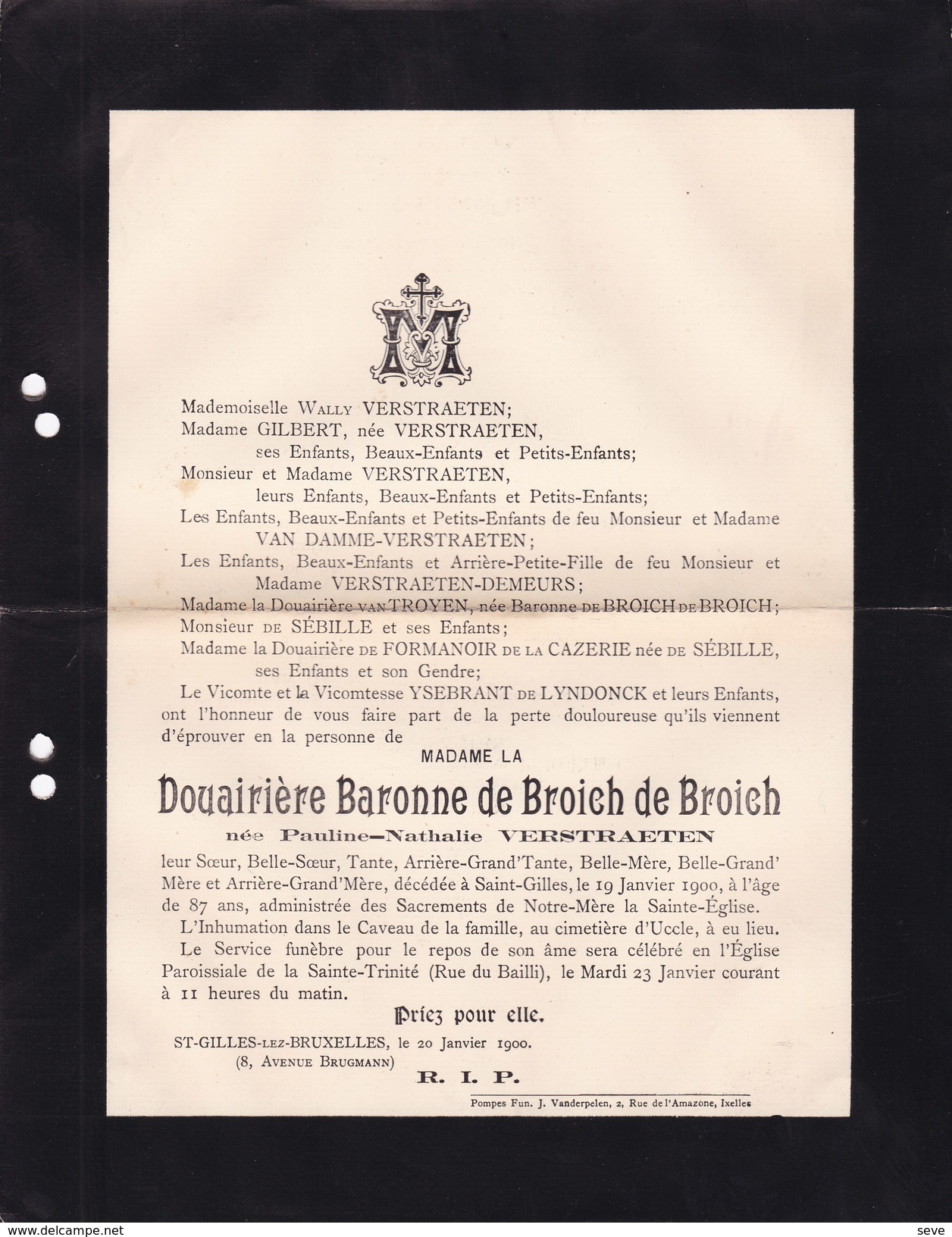 SAINT-GILLES UCCLE Pauline VERSTRAETEN Veuve Baron De BROICH De BROICH 87 Ans 1900 Doodsbrief De SEBILLE De FORMANOIR - Décès