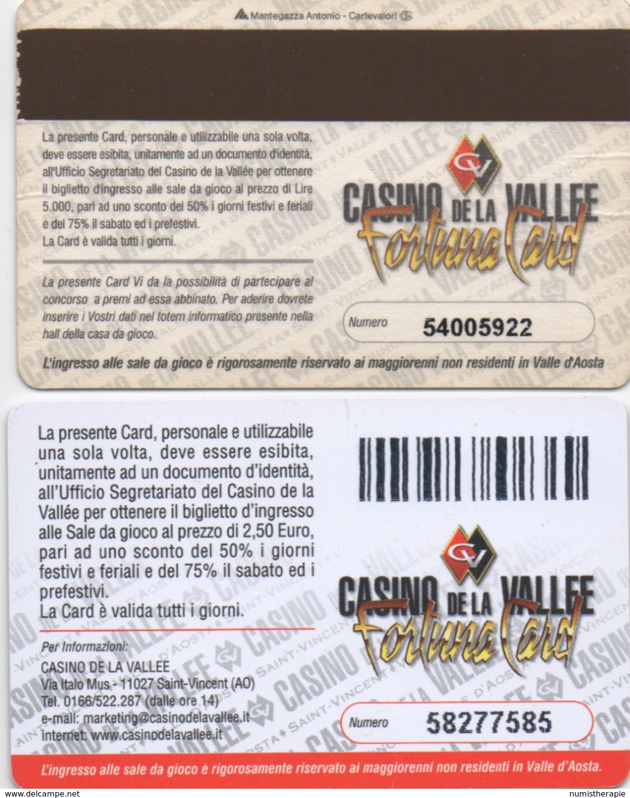 Lot De 2 Cartes Différentes : Fortune Card : Casino De La Vallée D'Aosta Saint-Vincent Italie - Casino Cards