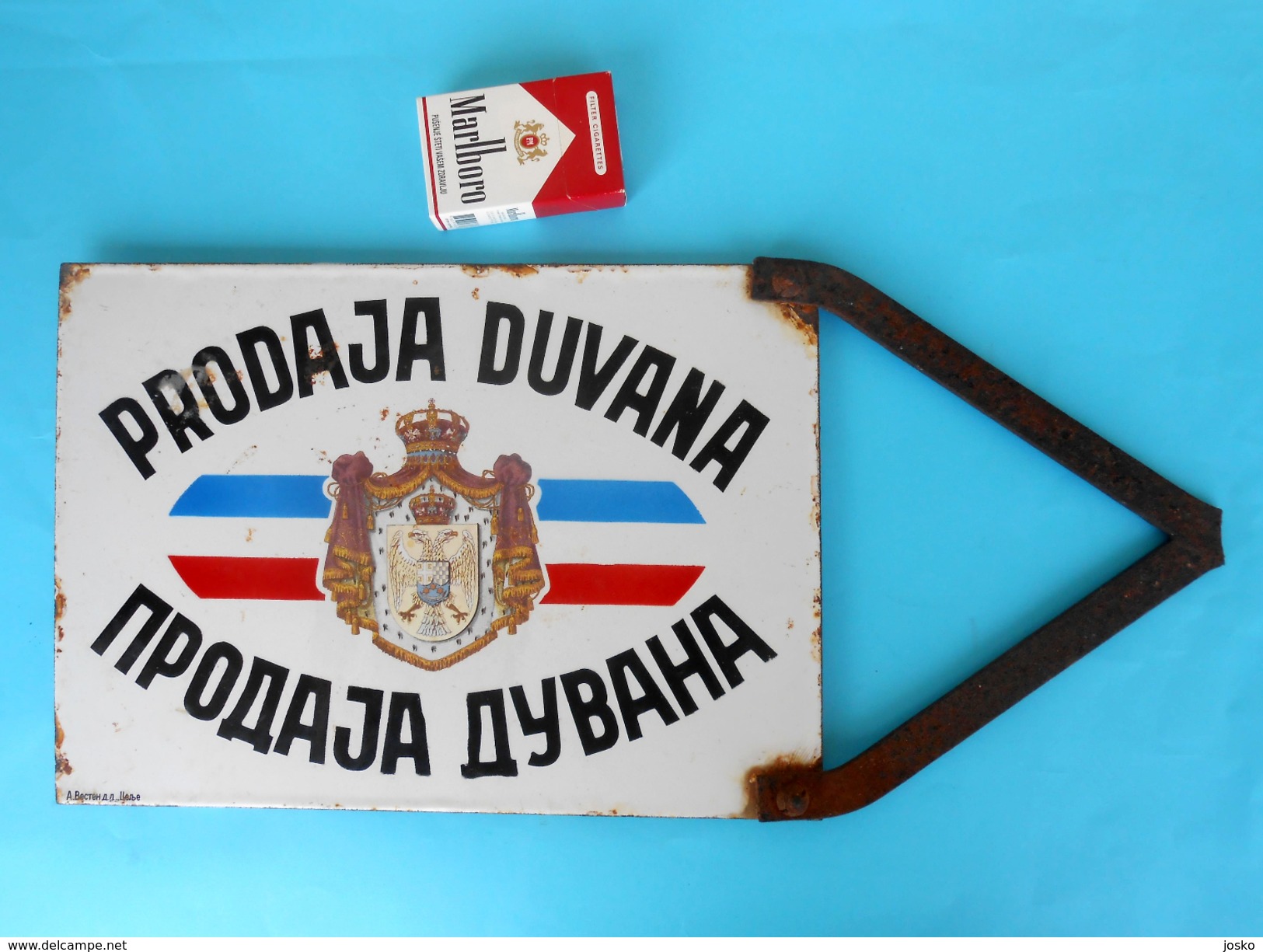 YUGOSLAVIAN KINGDOM 1930's '' TOBACCO SHOP '' ORIGINAL VINTAGE ENAMELED SIGN *** LARGE MASSIVE * PLAQUE ANCIENNE EMAILLE