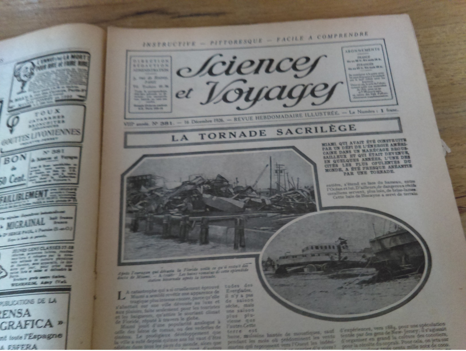 97/SCIENCES ET VOYAGES N° 381  1926  Eune Exploratrice En Amazone,la Tornade Sacrilege En Floride - 1900 - 1949