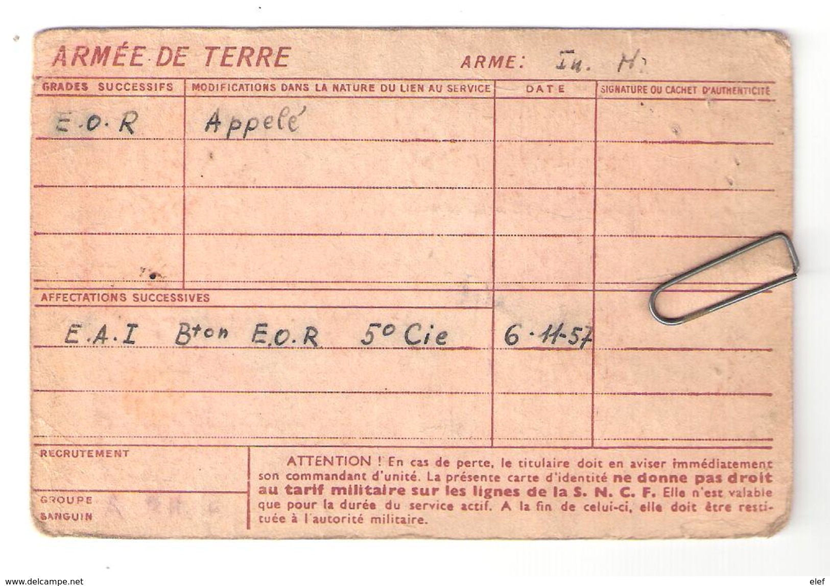 CARTE D' IDENTITE MILITAIRE, Arsena Jean, Né à Monaco ; Armée De Terre E.O.R. Appelé Guerre D'Algérie ; 1957 RARE - Documenti