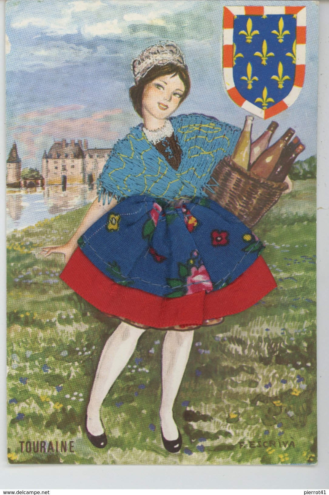 ENFANTS - Jolie Carte Fantaisie Brodée Jeune Fille Devant Château "TOURAINE " - Brodées