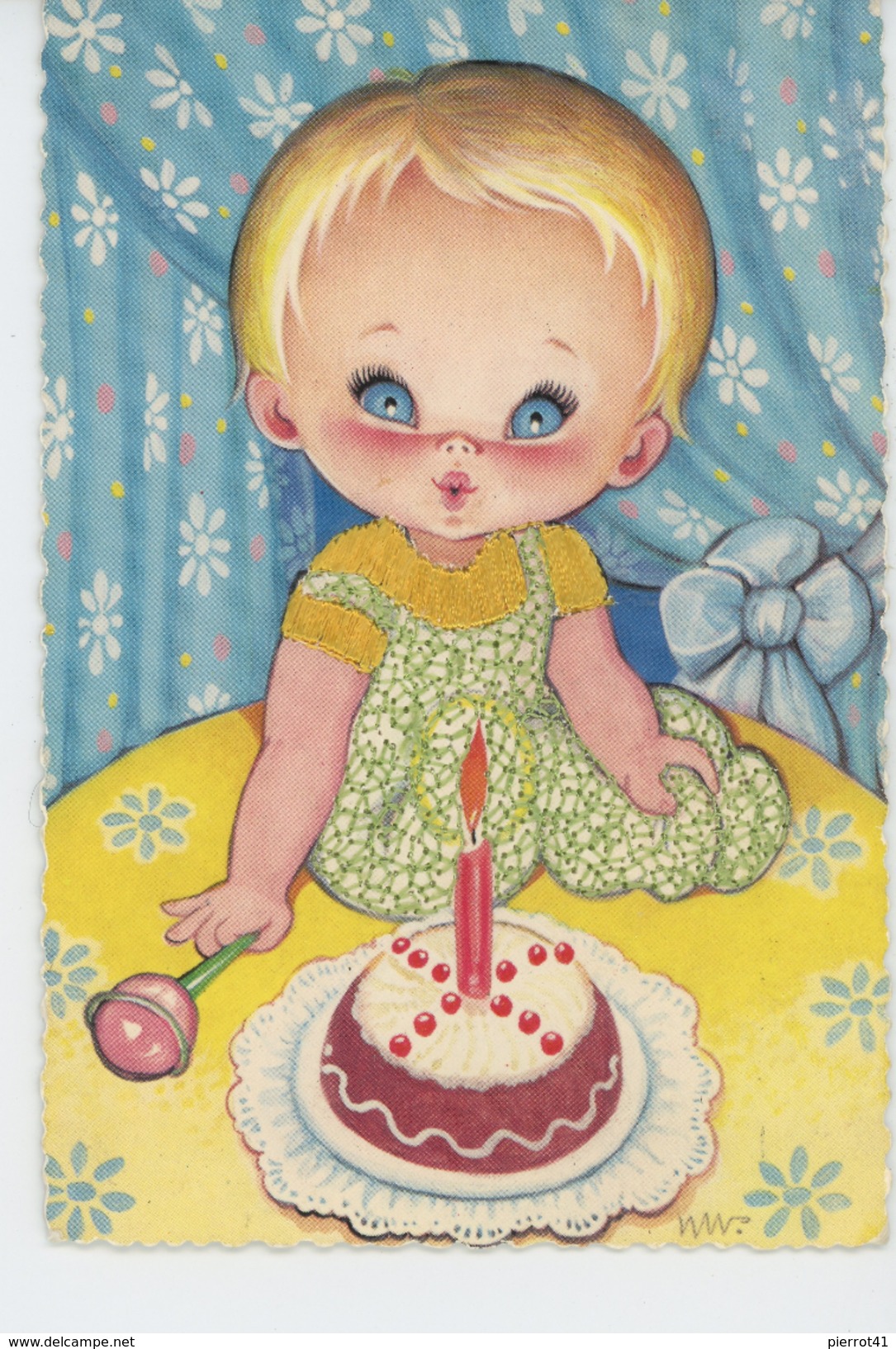 ENFANTS - Jolie Carte Fantaisie Brodée Fillette Avec Hochet Et Gâteau D'anniversaire - Brodées