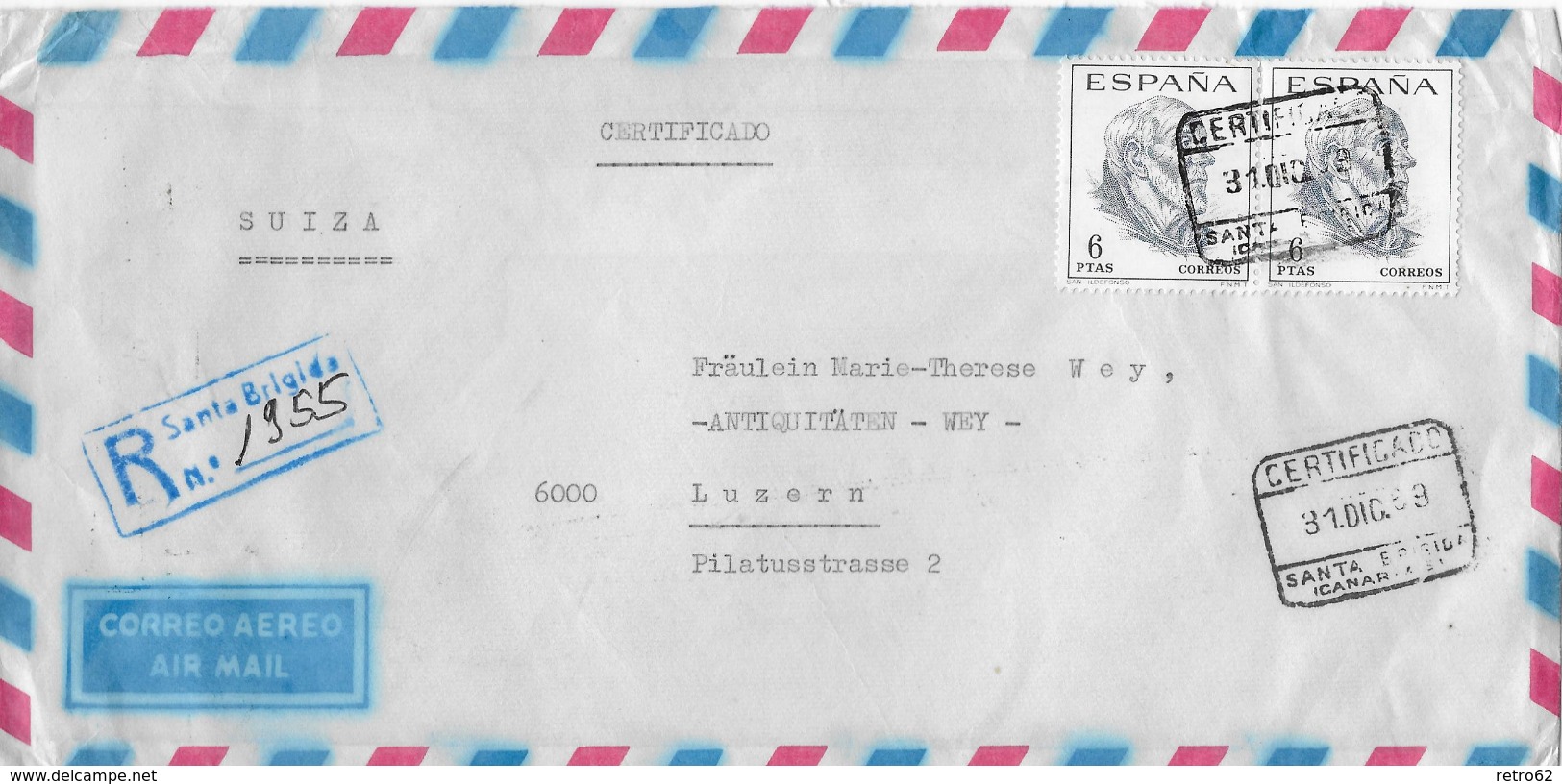 Letter Of Spain To Switzerland &rarr; St.Brigida To Lucern R-Letter Correo Aereo 1969 - Storia Postale