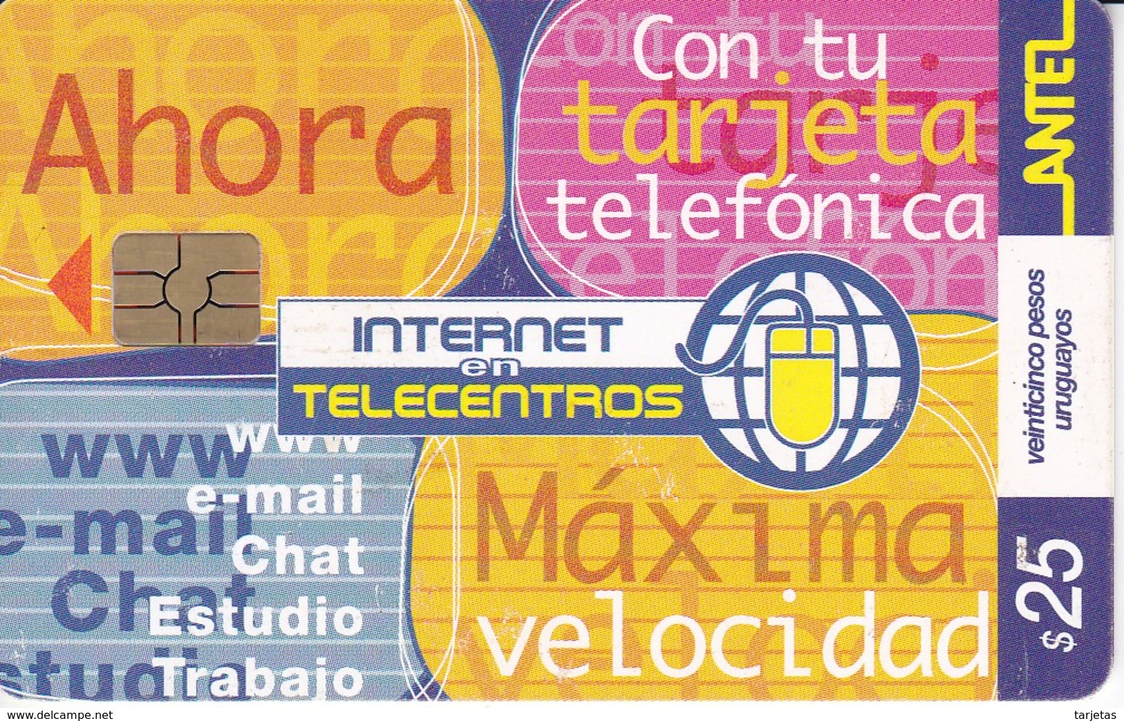 Nº 205b TARJETA INTERNET TELECENTROS DE 25$ Y FECHA 12/01 TIRADA 200000 - Uruguay