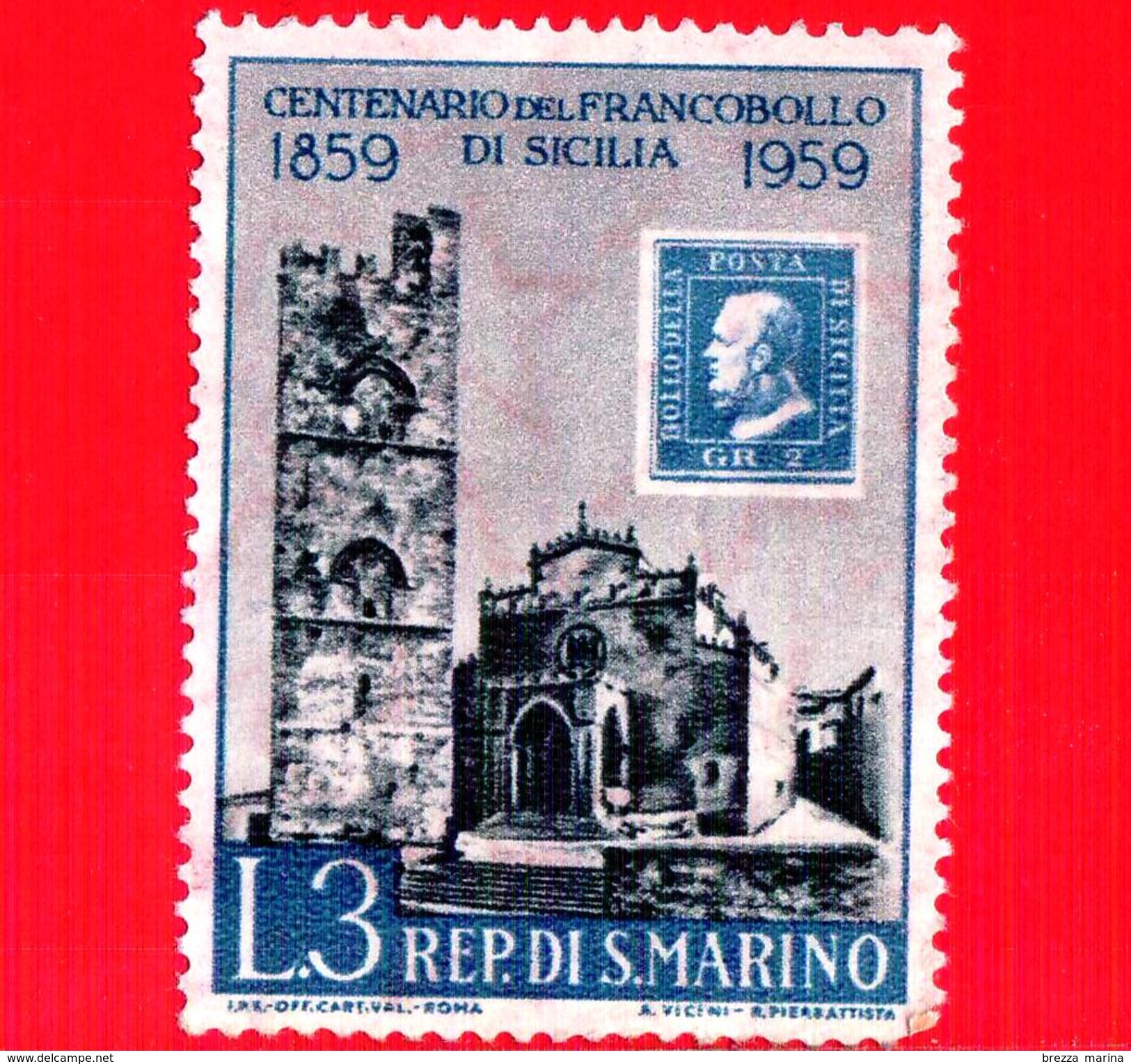 Nuovo - MNH - SAN MARINO - 1959 - Centenario Dei Francobolli Di Sicilia - 3 L. &bull; Cattedrale Di Erice - Nuovi