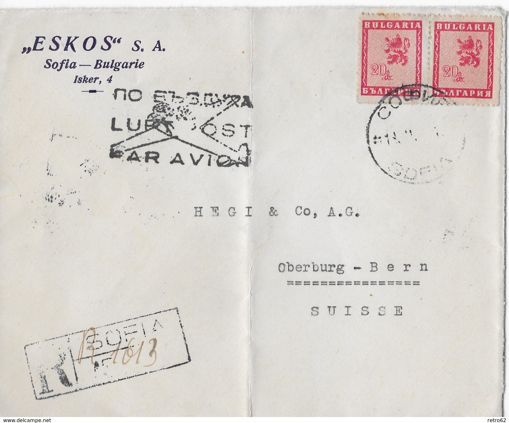 R-Letter Of SOFIA To Switzerland &rarr; ESKOS S.A. Luftpost Par Avion 1946 - Lettres & Documents