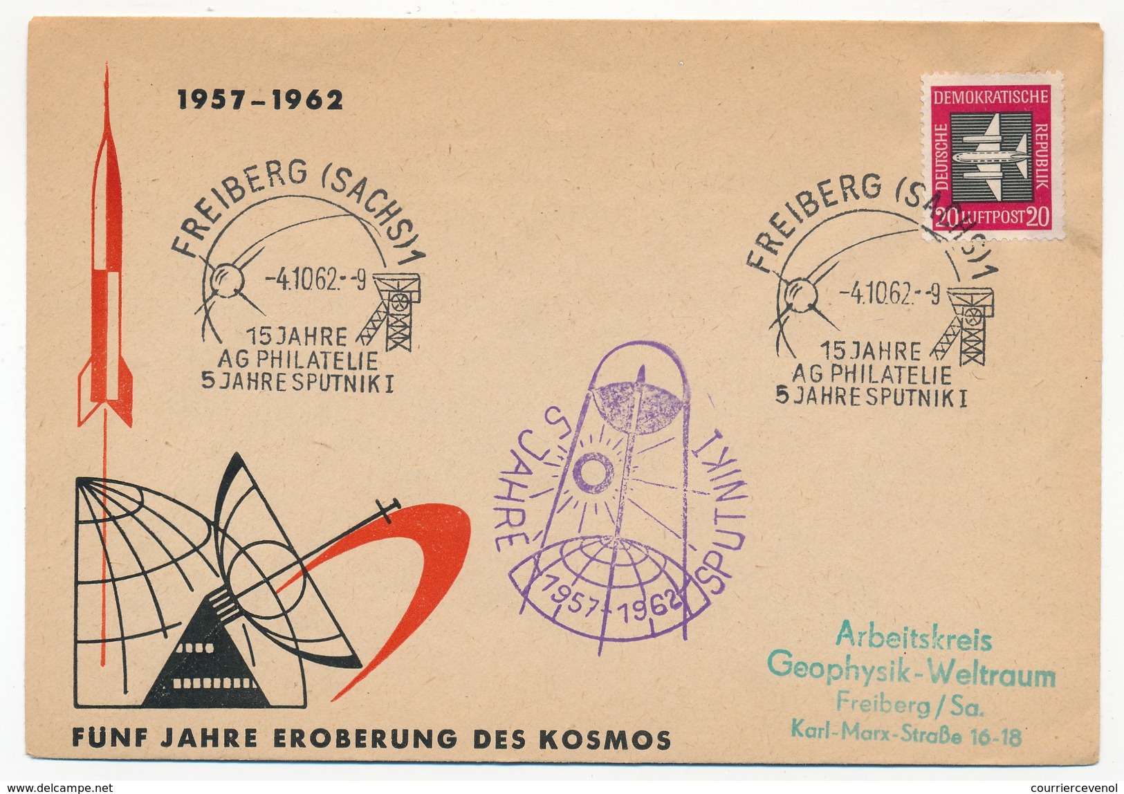 Allemagne DDR - Enveloppe "15 Jahre AG Philatelie - 5 Jahre Sputnik" - FREIBERG - 1962 - Europe