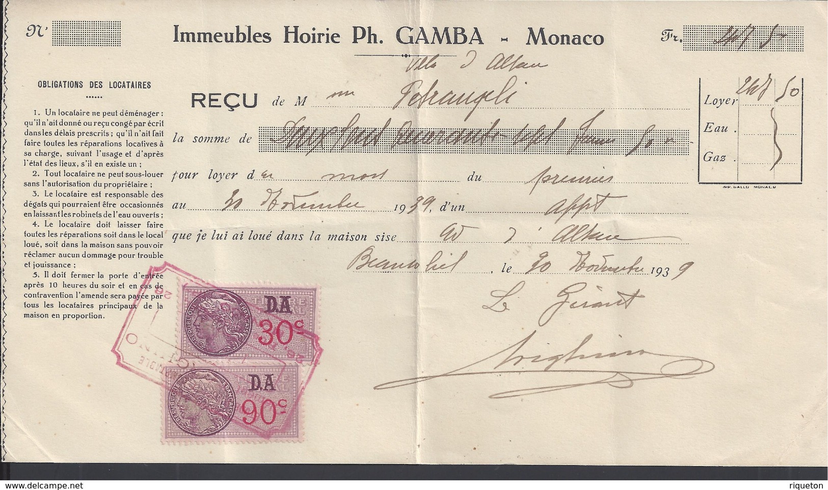 MONACO - 1939 - " Immeubles Hoirie Ph. Gamba " Timbres Fiscaux 178 Et 190 Sur Reçu Quittance De Loyer  - B/TB - - Fiscaux