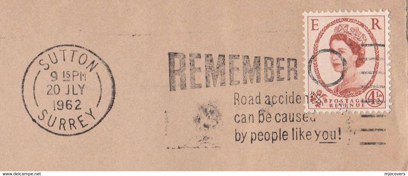 1962 Sutton GB COVER Stamp 4 1/2d  With SLOGAN Pmk  ROAD ACCIDENTS CAUSED BY PEOPLE LIKE YOU Road Safety - Covers & Documents