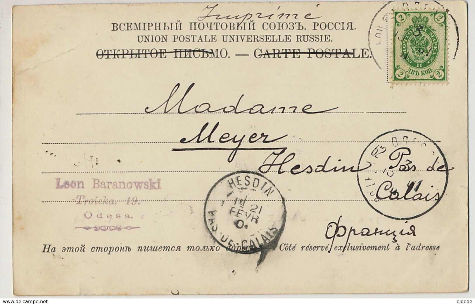 Odessa Ausgang Vom Nicolaibouklevard Und Richelieudenkmal Edit Stengel 12561 Timbrée 1901 Vers Hesdin - Ukraine