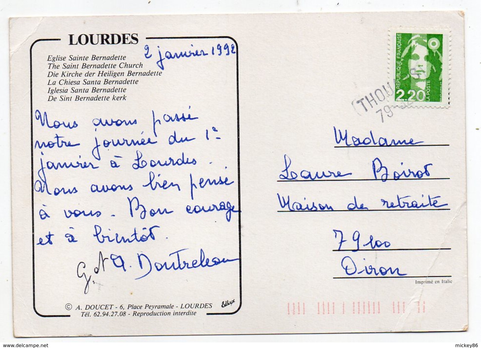 1992--griffe Horizontale "THOUARS  79 " Sur Tp  Le Tout Sur Carte Postale De Lourdes - Cachets Manuels