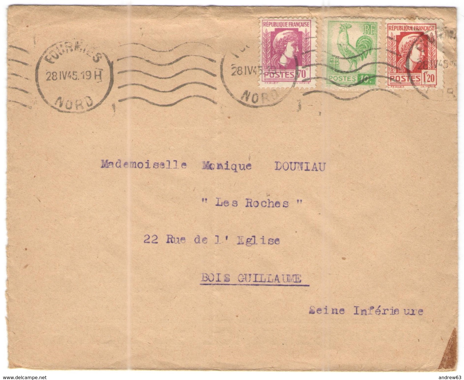 FRANCIA - France - 1945 - 70c + 10c + 1,20F - Viaggiata Da Fourmies Per Bois-Guillaume - Covers & Documents