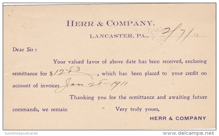 Pennsylvania Lancaster Herr &amp; Company 1911 - Lancaster