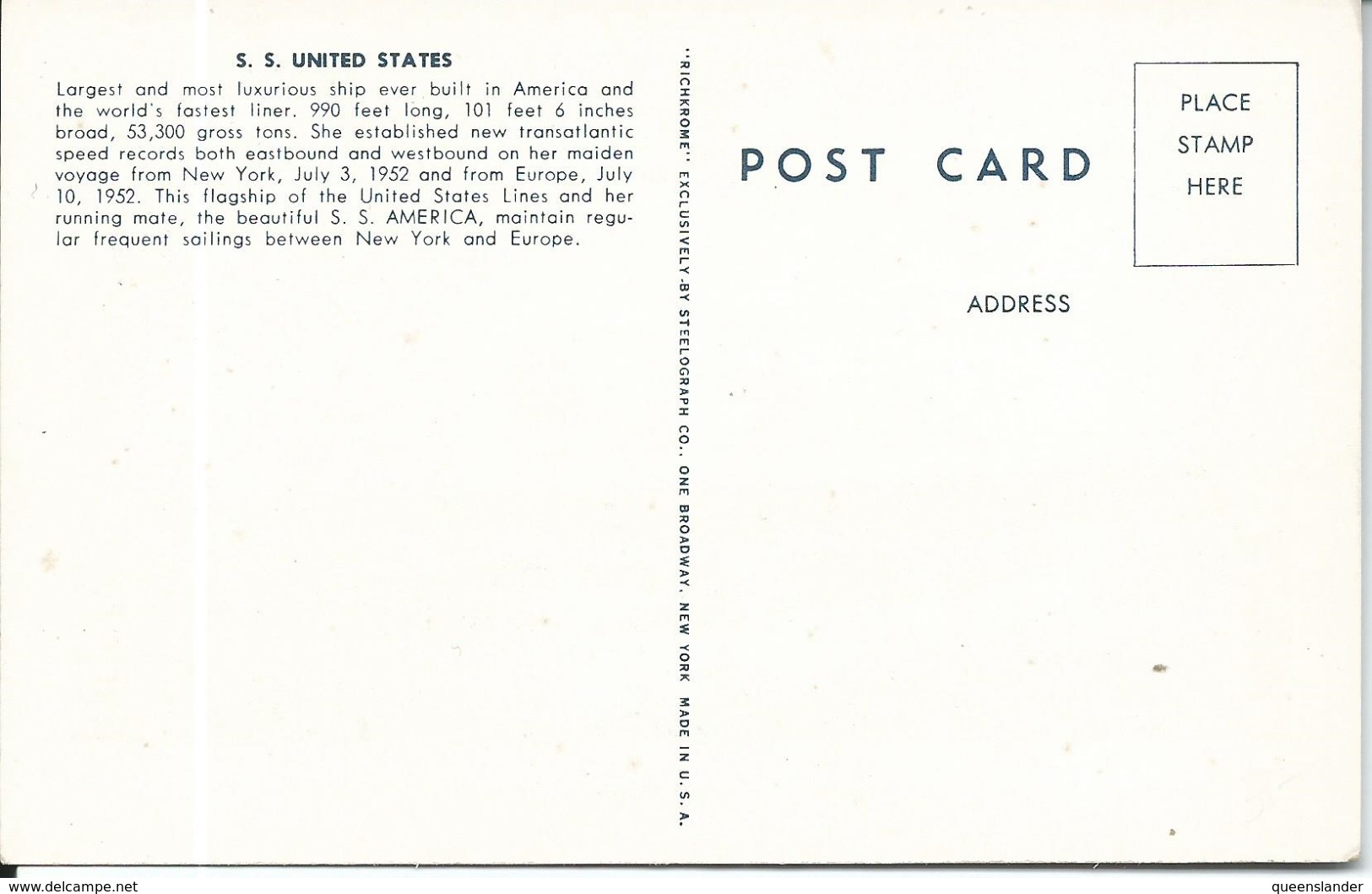 S.S United States - World's Fastest Liner 'Richkrome' Steelgraph Co One Broadway NY Unused   Front & Back Shown - Passagiersschepen