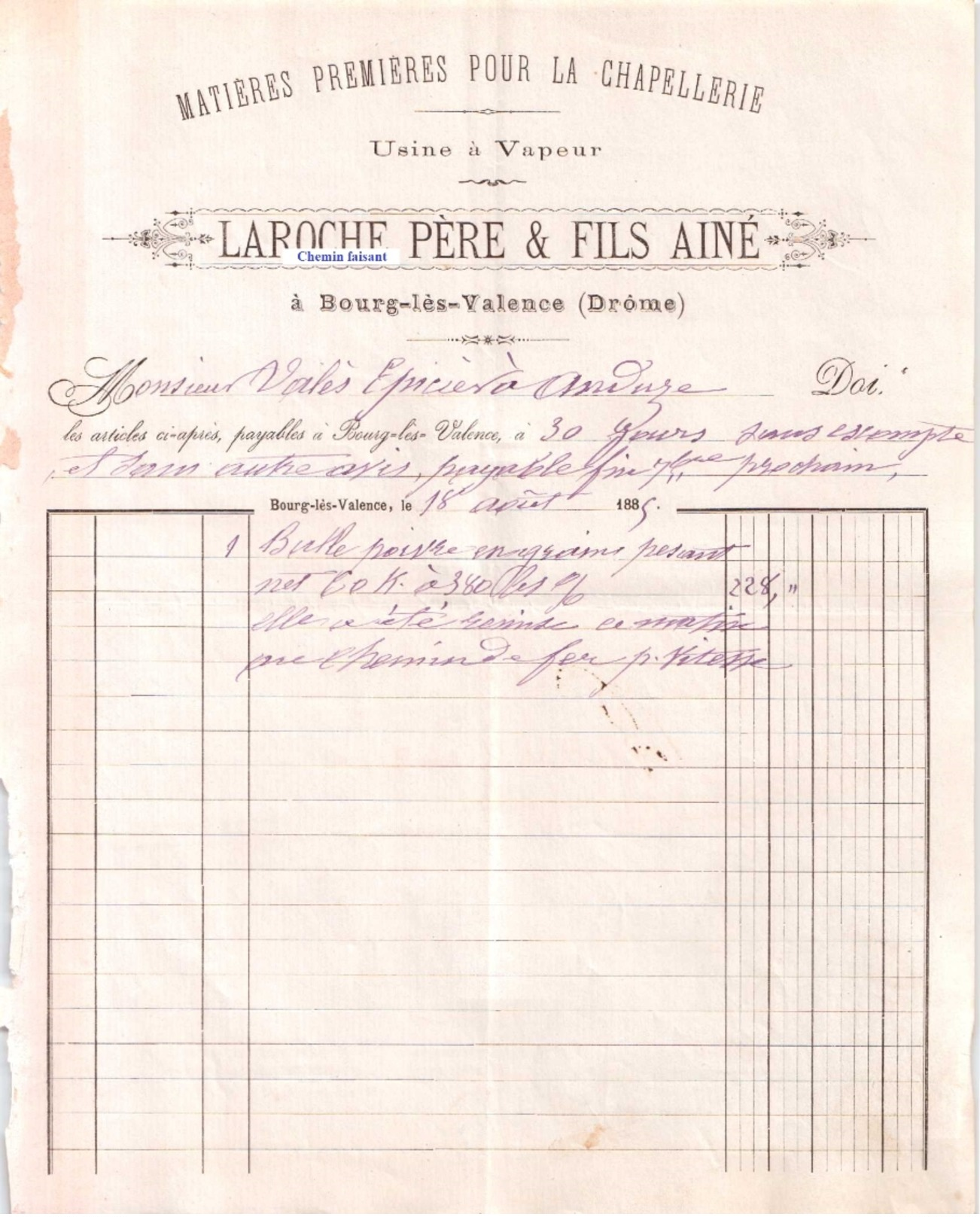 Document Du 18/08/1885 LAROCHE Père & Fils - Matières Premières Pour La Chapellerie - Bourg-les-Valence 26 - 1800 – 1899