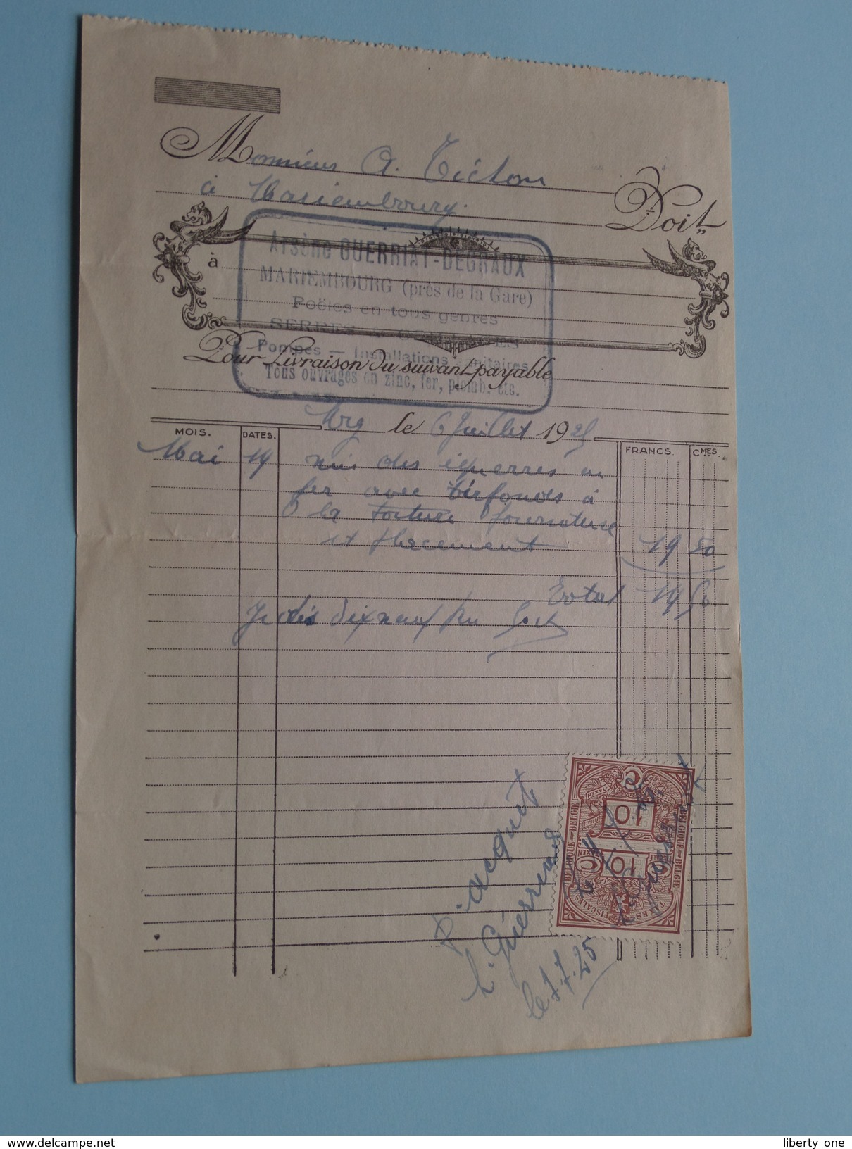 Guérriat-Degraux Mariembourg ( Factuur / Tax ) > Tichon : Anno 1925 ! - Petits Métiers