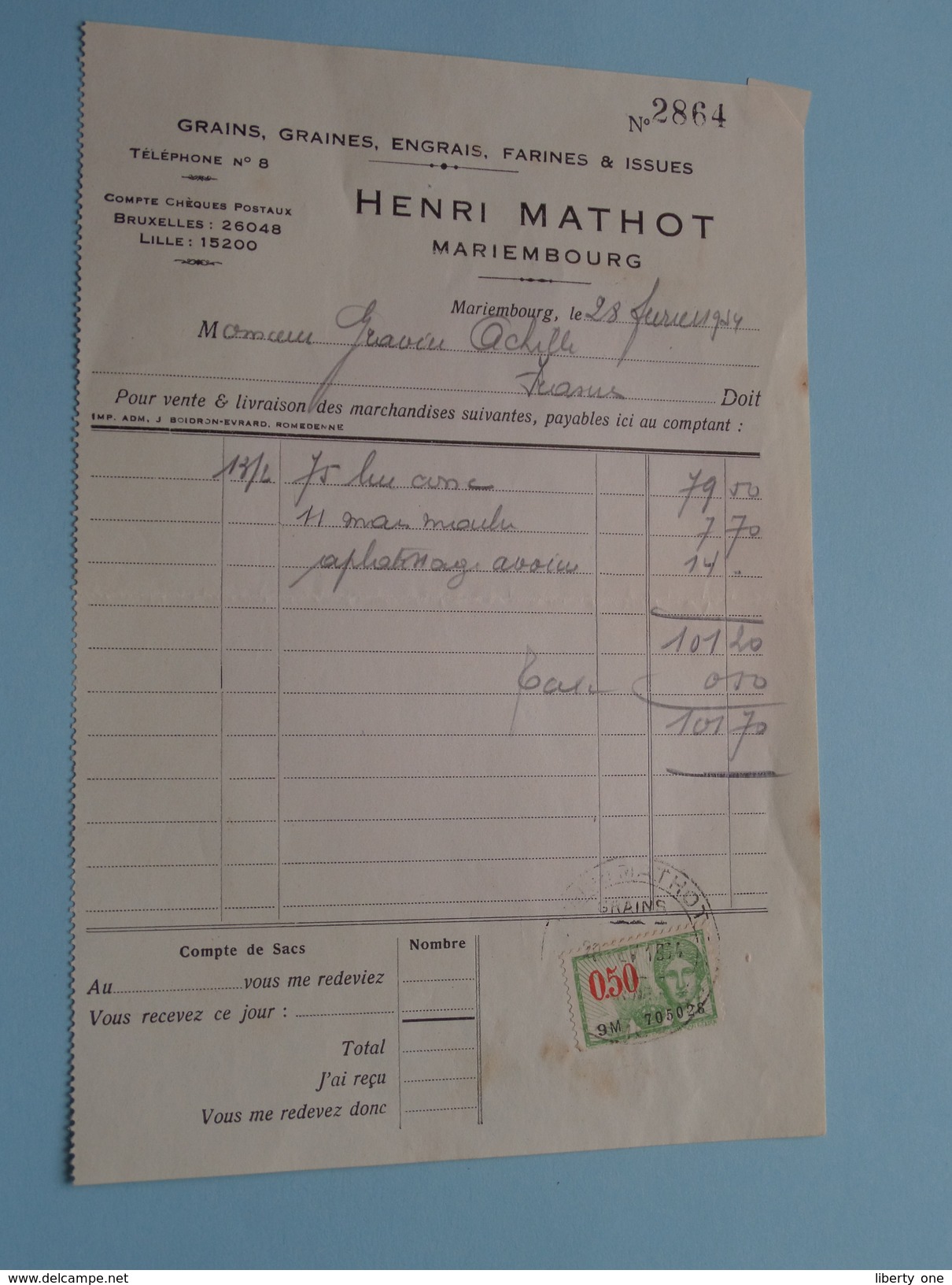 Grains HENRI MATHOT Mariembourg ( Factuur / Tax ) > Gravier : Anno 1934 ! - Alimentaire